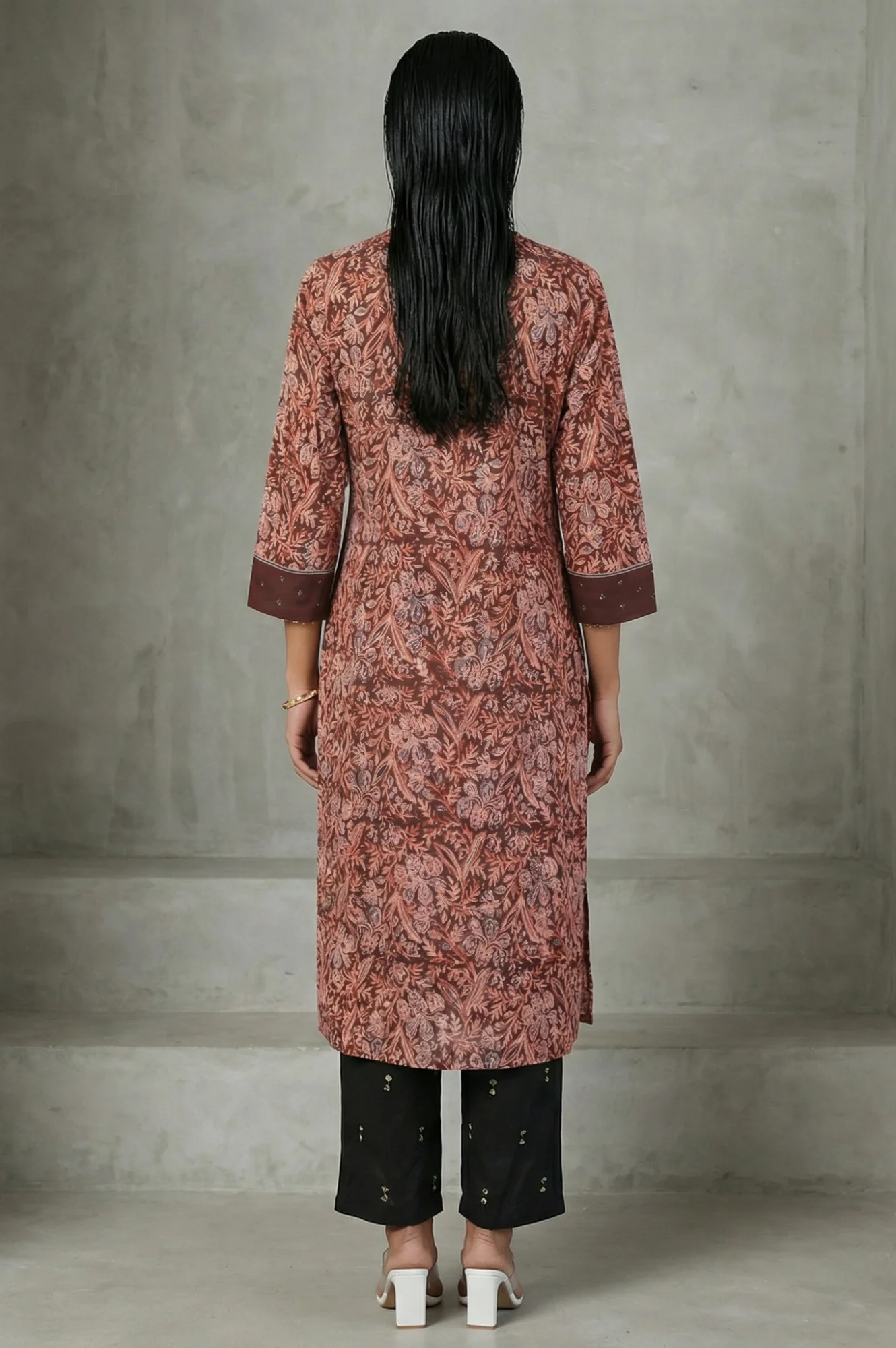 Chocolate Brown Sequins Floral Printed Pure Cotton Straight Kurta - Image 4