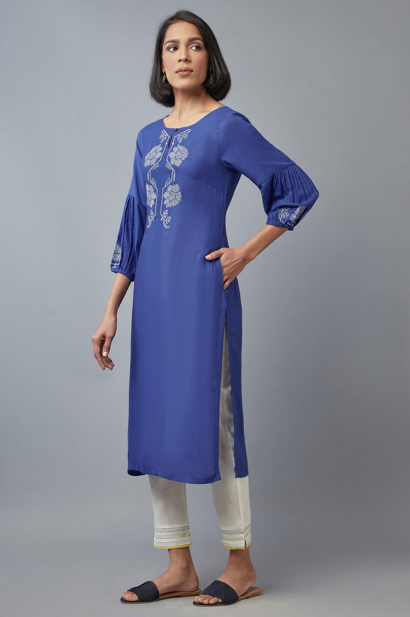 Cobalt Blue Embroidered kurta - Image 3