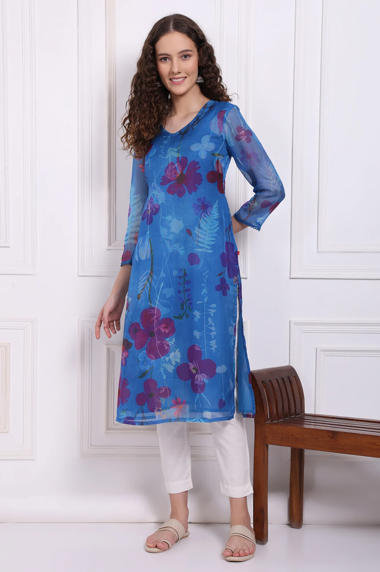 Cobalt Blue Floral Printed Organza Straight Kurta with Lace - Image 2