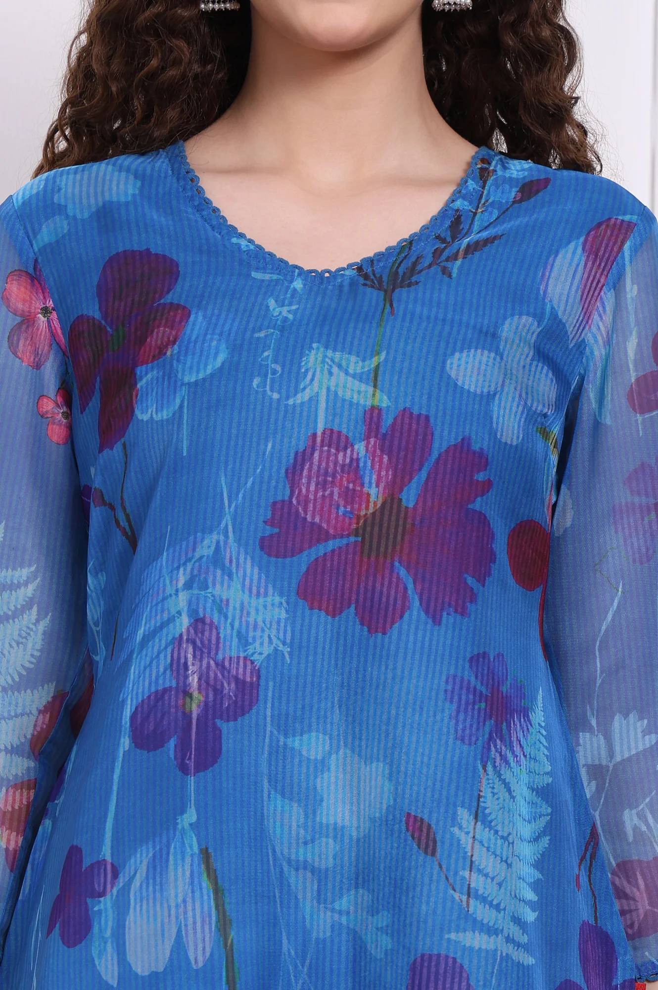 Cobalt Blue Floral Printed Organza Straight Kurta with Lace - Image 3