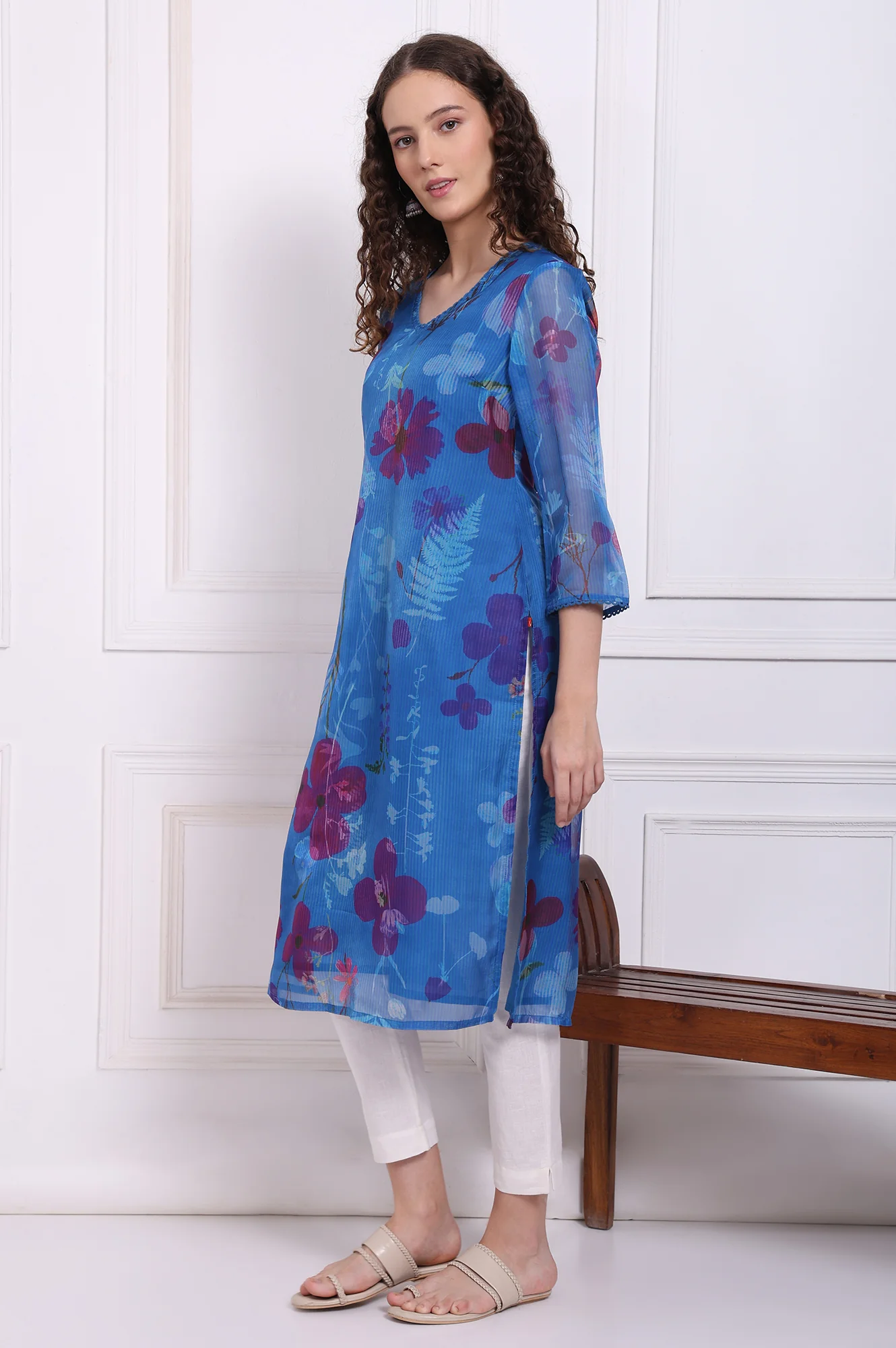 Cobalt Blue Floral Printed Organza Straight Kurta with Lace - Image 4