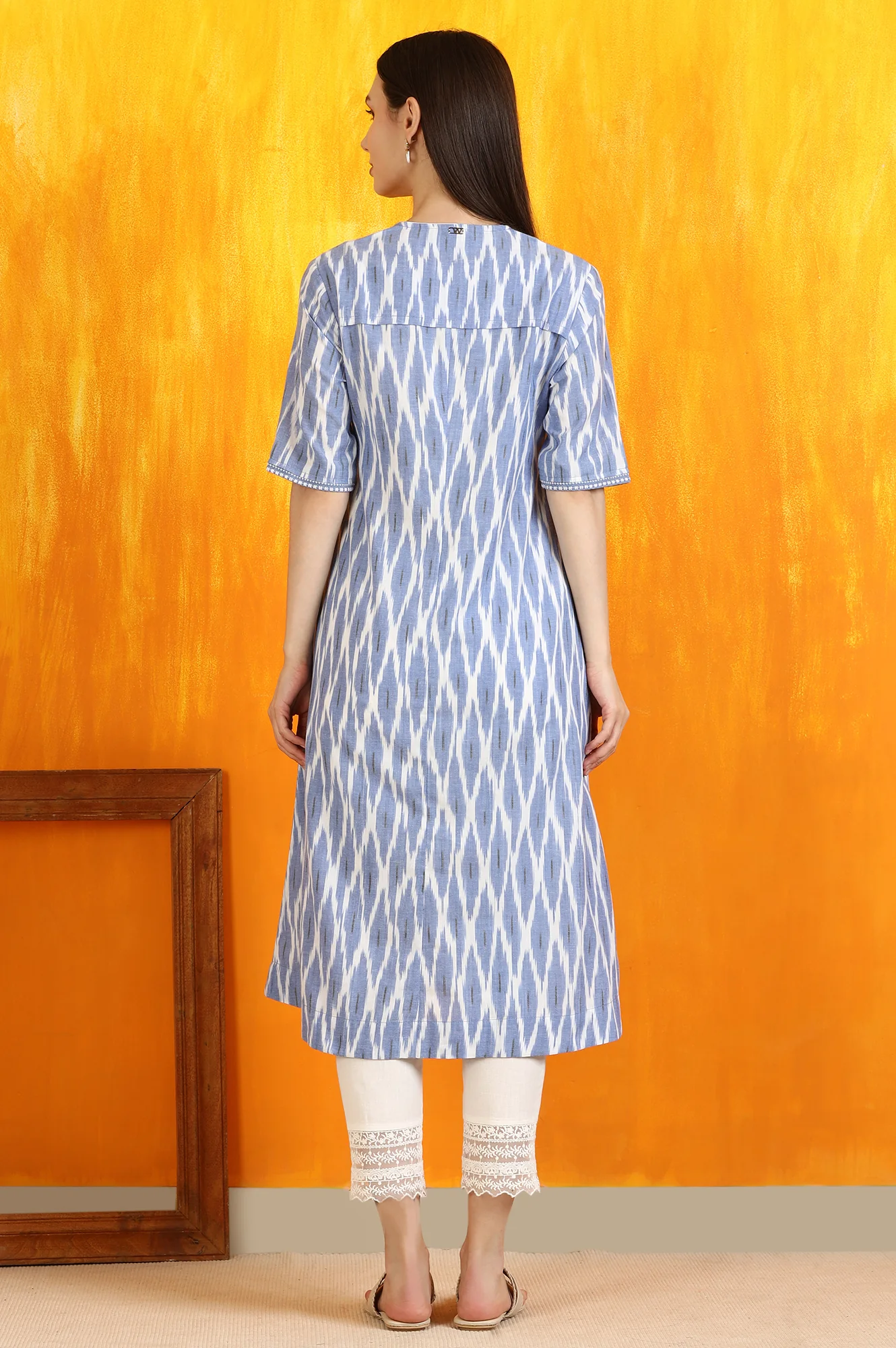 Cobalt Blue Ikkat Yarn Dyed Pure Cotton Straight Kurta - Image 6