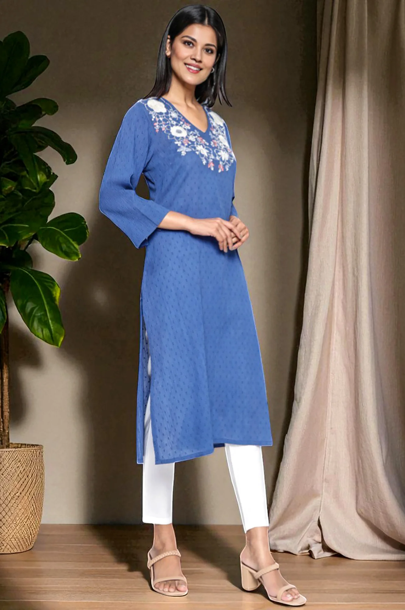 Cobalt Blue Solid Printed Pure Cotton Straight Kurta - Image 6