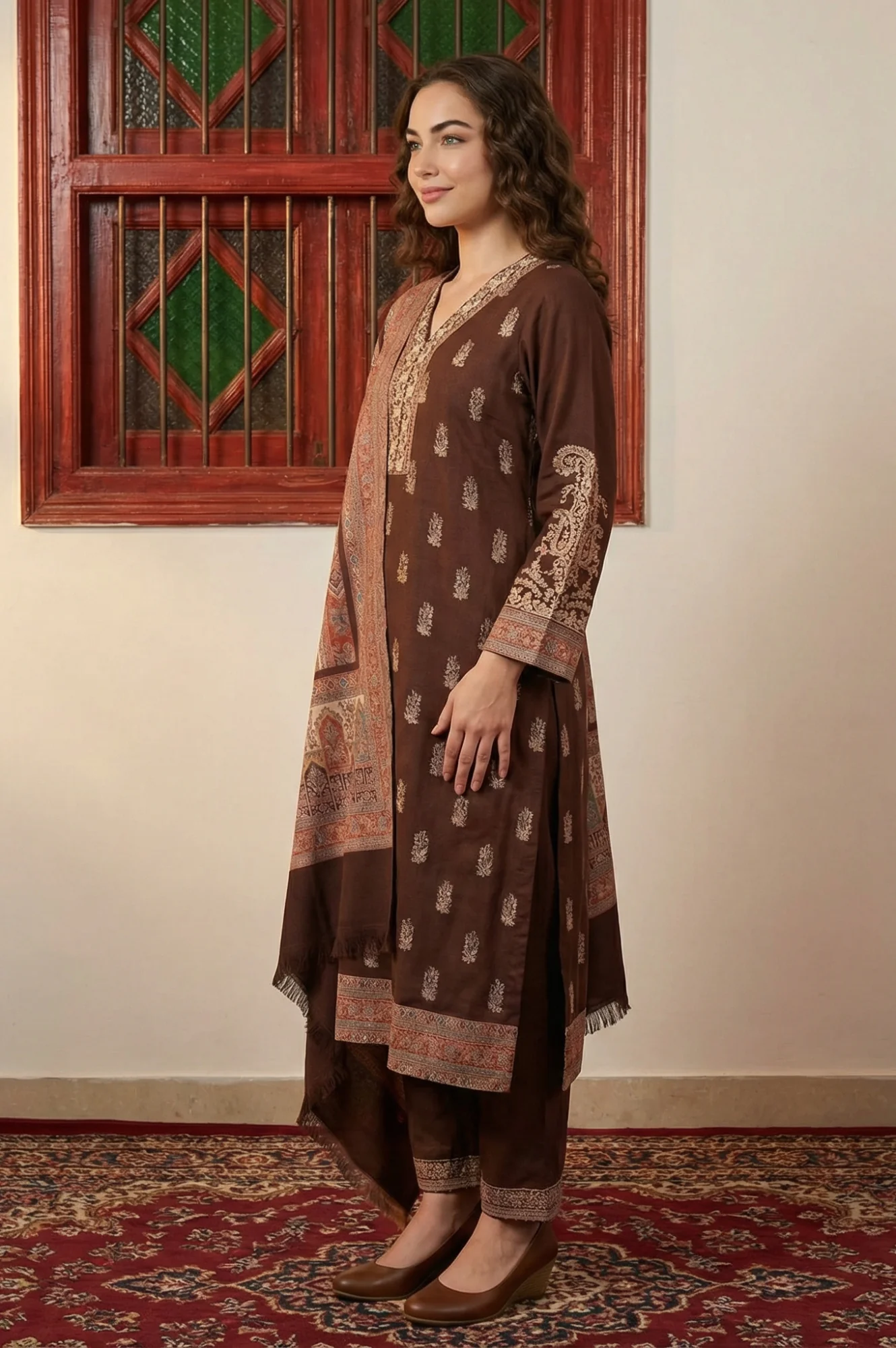 Coffee Brown Ethnic Motifs Thread Work Straight Kurta with Pants and Dupatta Set - Image 2