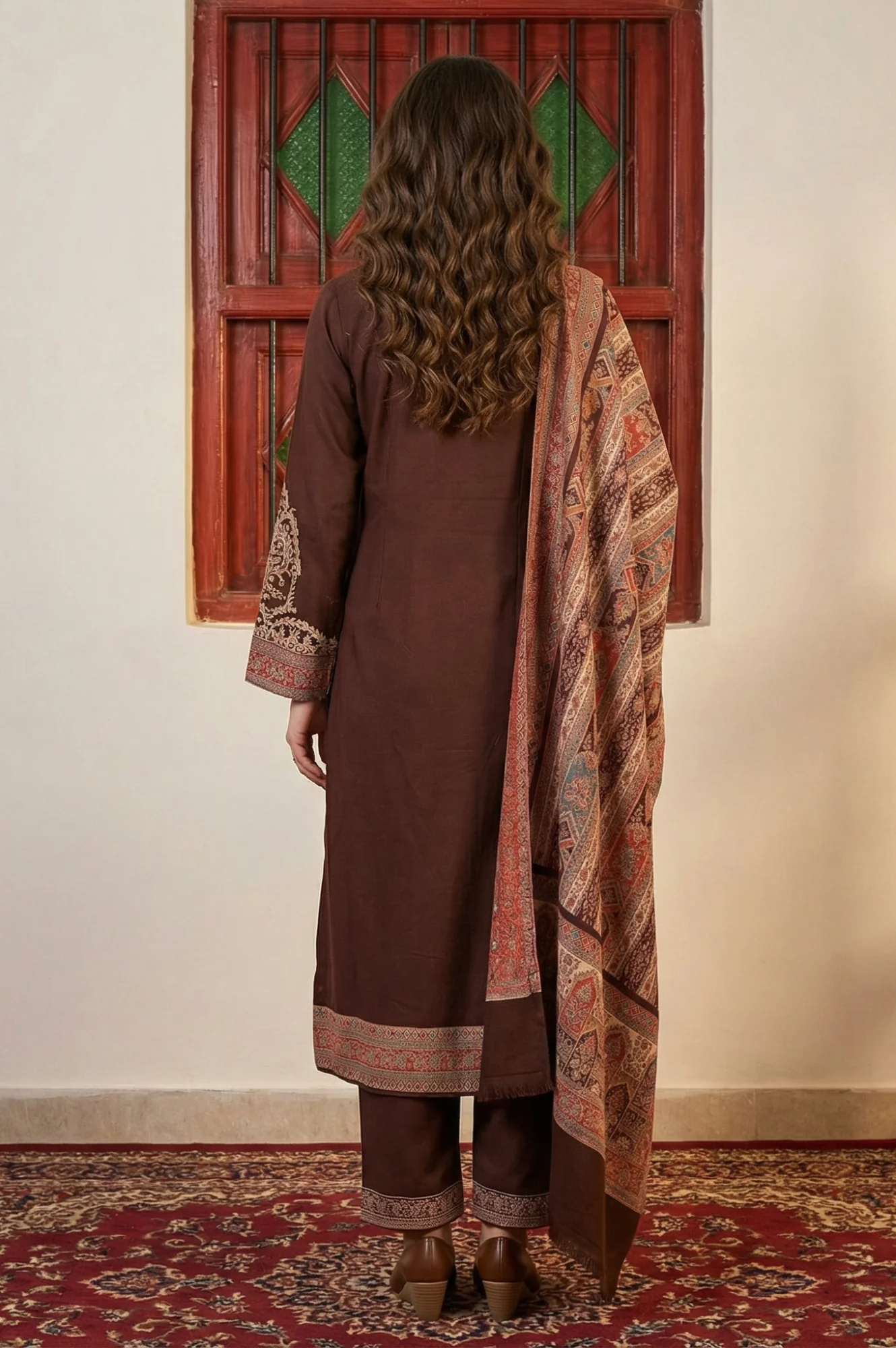 Coffee Brown Ethnic Motifs Thread Work Straight Kurta with Pants and Dupatta Set - Image 4