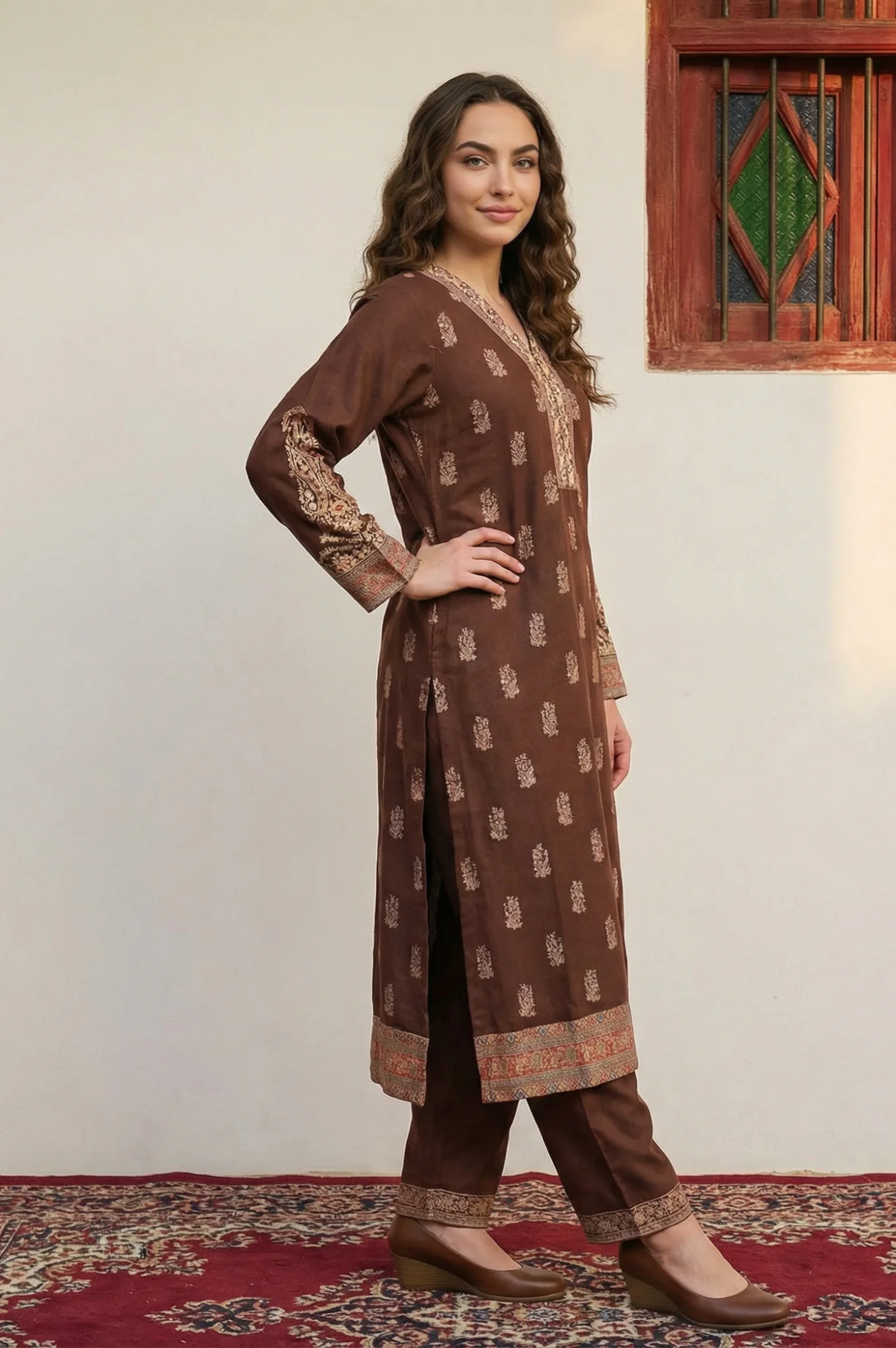 Coffee Brown Ethnic Motifs Thread Work Straight Kurta with Pants and Dupatta Set - Image 5