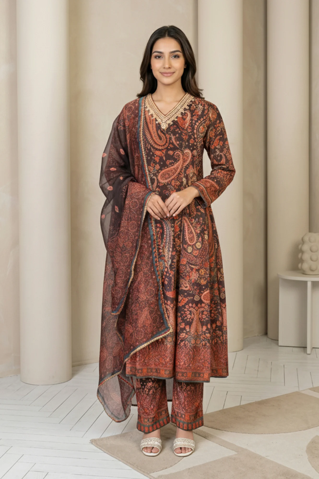 Coffee Brown Paisley Printed Thread Embroidered Velvet A-line Winter Kurta with Straight Pants and Dupatta Set