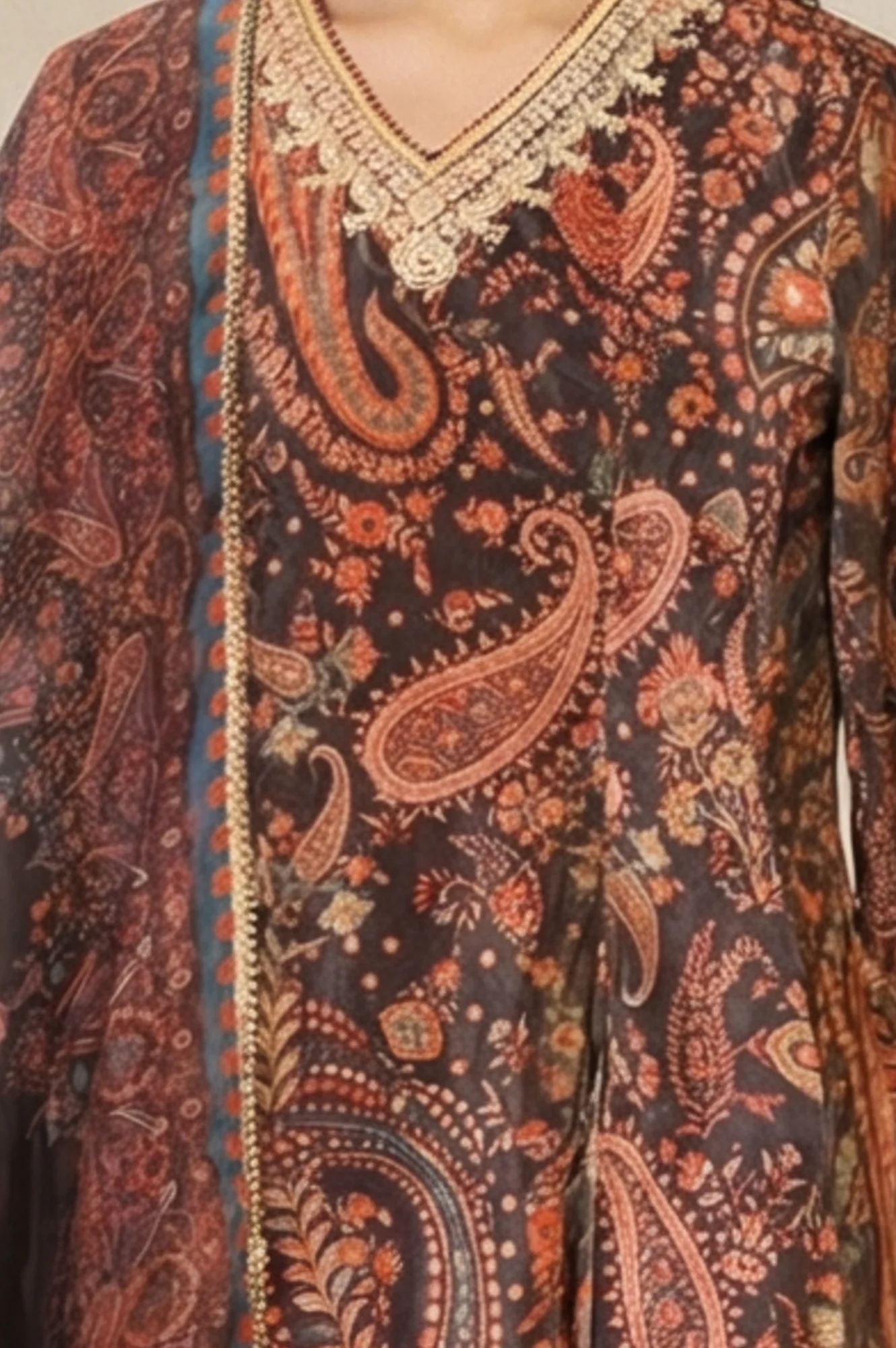 Coffee Brown Paisley Printed Thread Embroidered Velvet A-line Winter Kurta with Straight Pants and Dupatta Set - Image 2