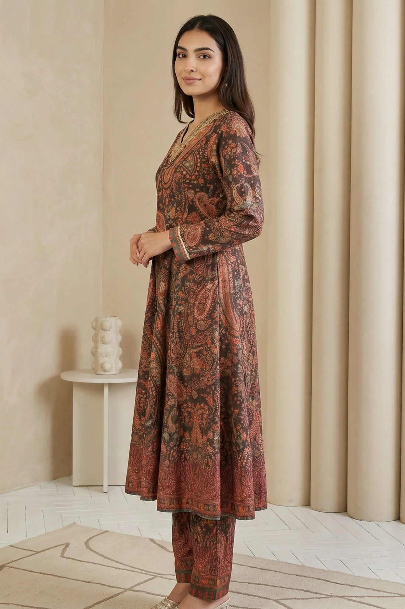Coffee Brown Paisley Printed Thread Embroidered Velvet A-line Winter Kurta with Straight Pants and Dupatta Set - Image 3