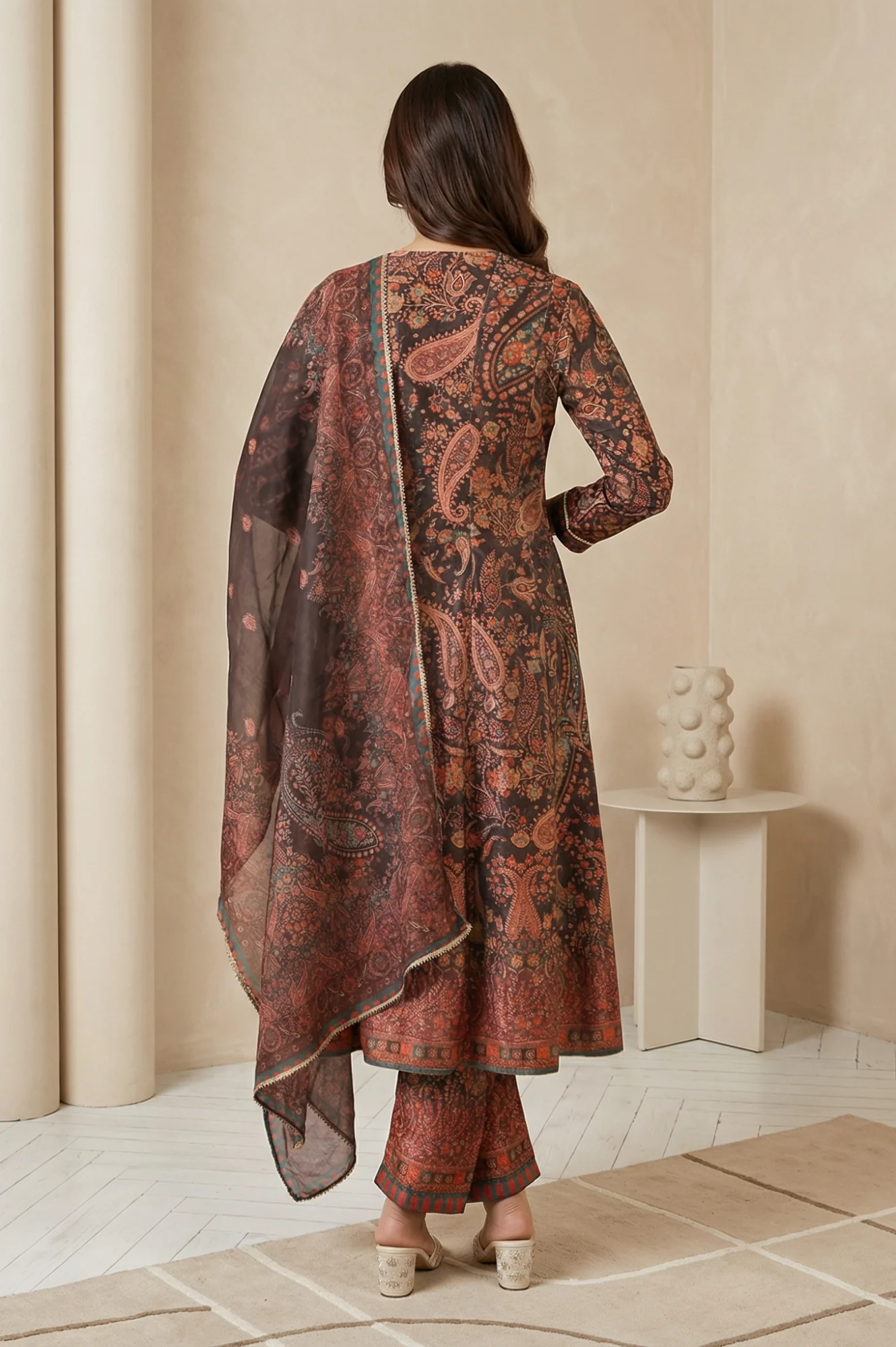 Coffee Brown Paisley Printed Thread Embroidered Velvet A-line Winter Kurta with Straight Pants and Dupatta Set - Image 4