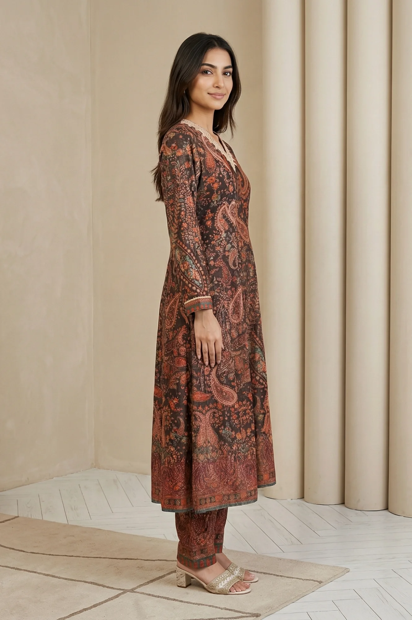 Coffee Brown Paisley Printed Thread Embroidered Velvet A-line Winter Kurta with Straight Pants and Dupatta Set - Image 5