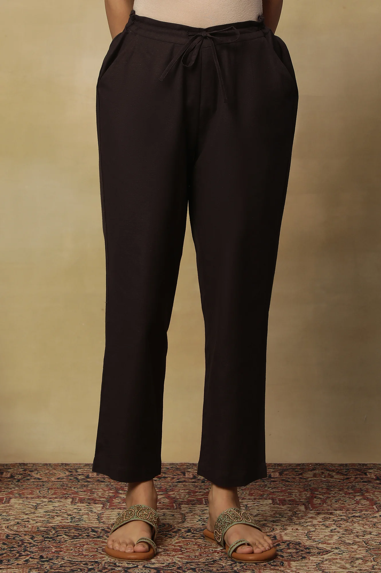 Coffee Brown Straight Pants In Cotton Flax - Image 2
