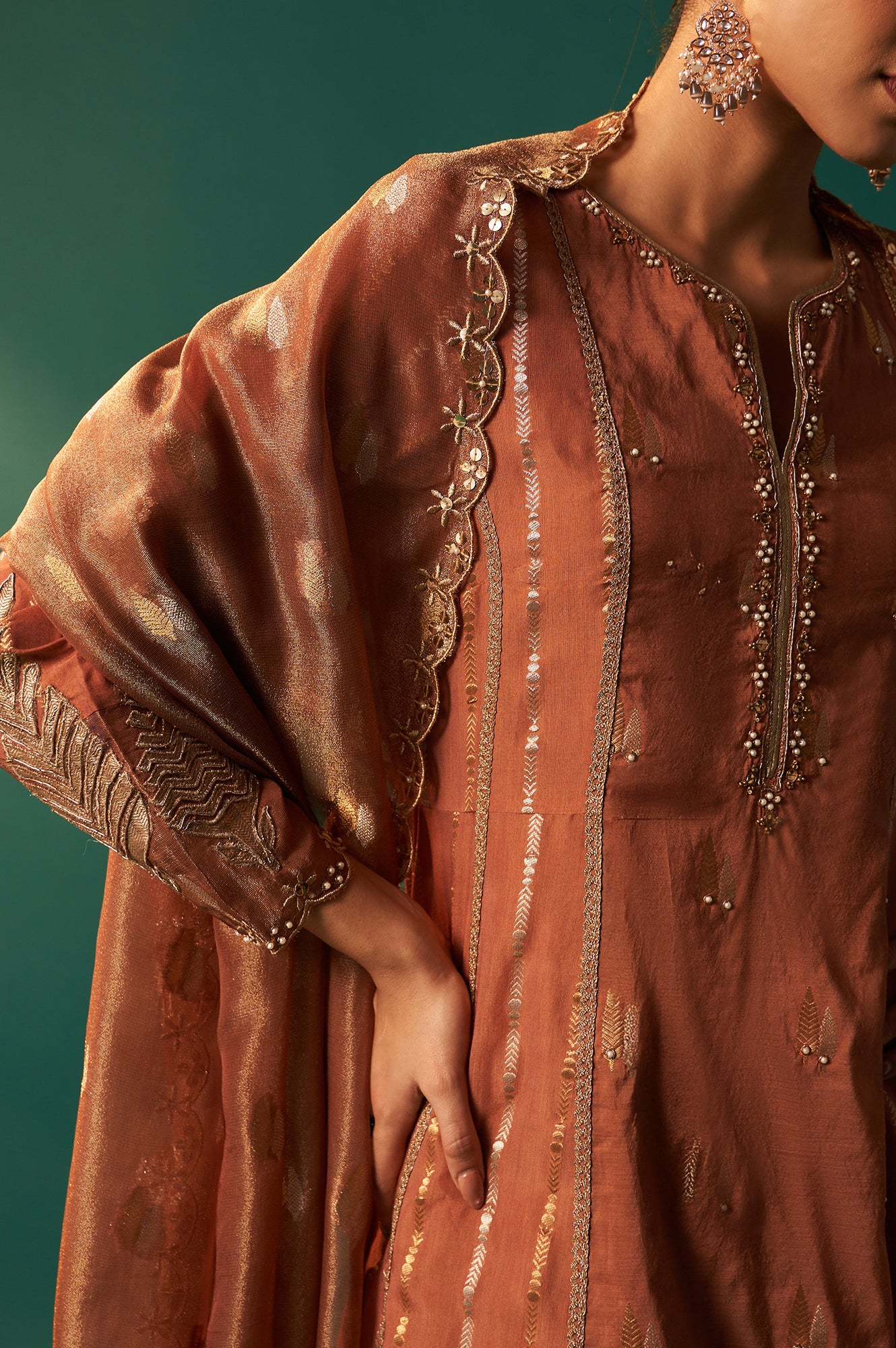 Copper Brown Metallic Embroidered Flared Chanderi Kurta with Straight Pant and Dupatta Set - Image 2