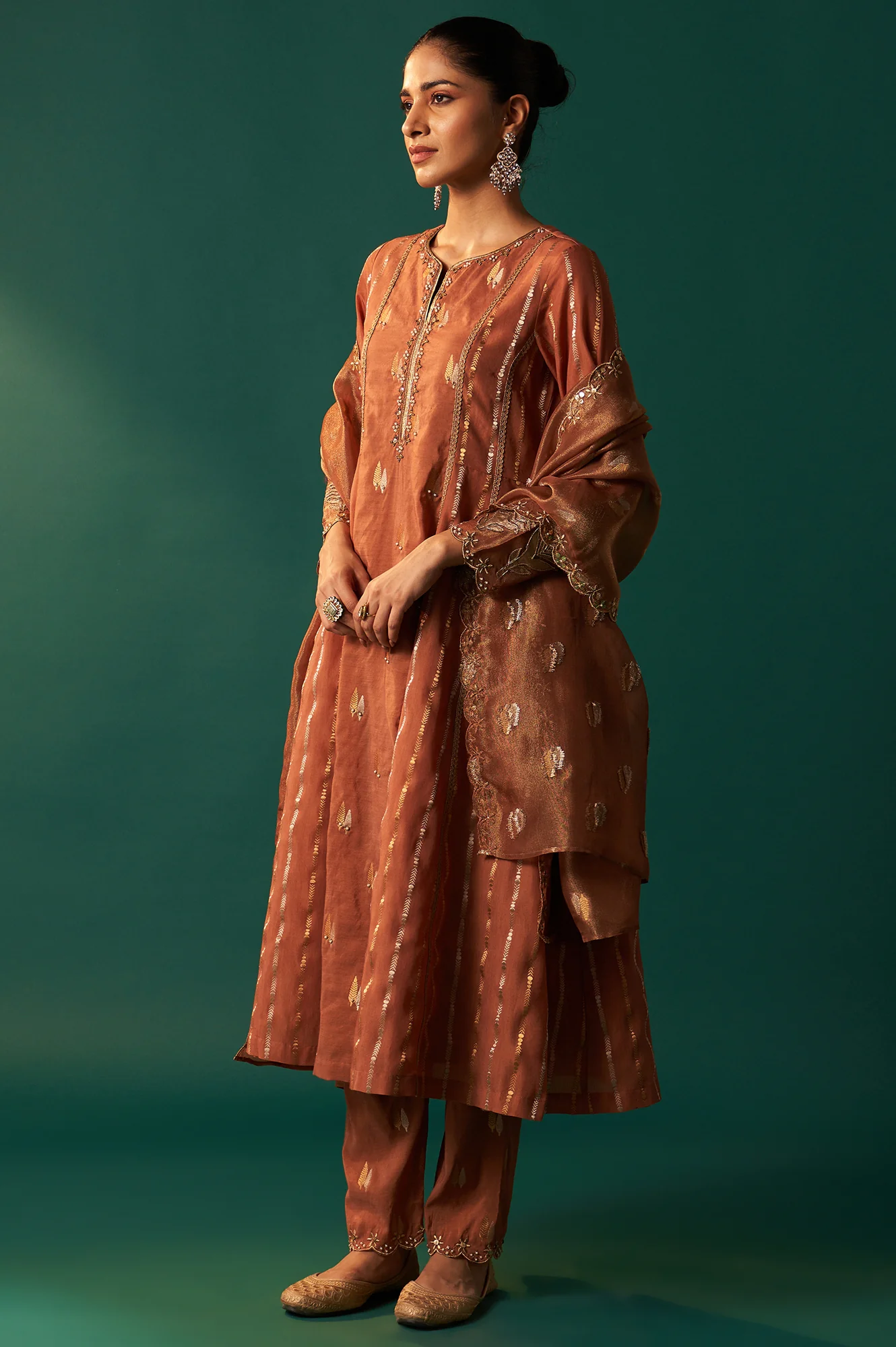 Copper Brown Metallic Embroidered Flared Chanderi Kurta with Straight Pant and Dupatta Set - Image 3