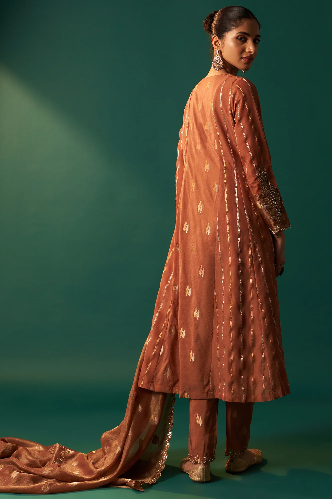 Copper Brown Metallic Embroidered Flared Chanderi Kurta with Straight Pant and Dupatta Set - Image 4