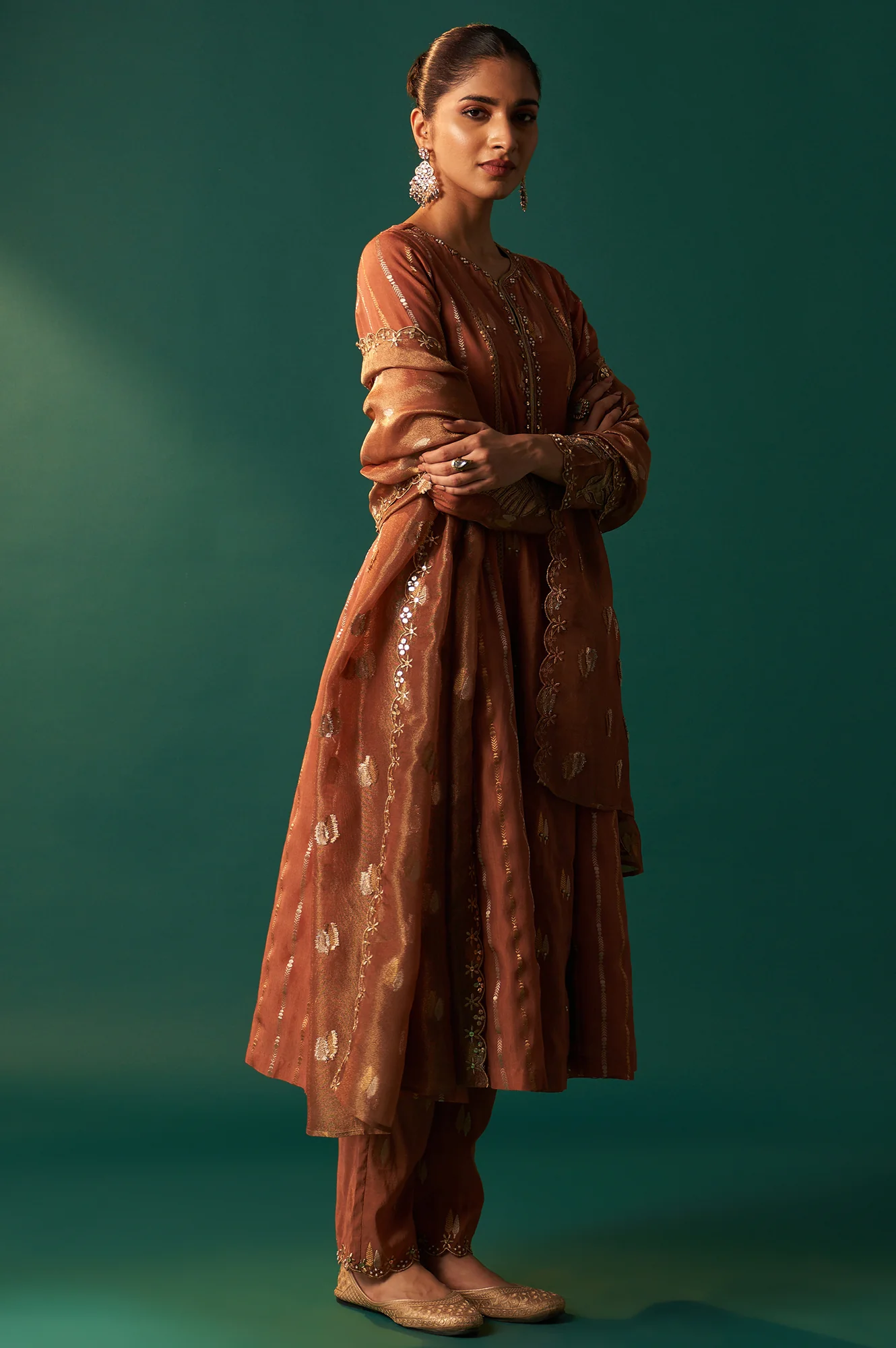 Copper Brown Metallic Embroidered Flared Chanderi Kurta with Straight Pant and Dupatta Set - Image 5