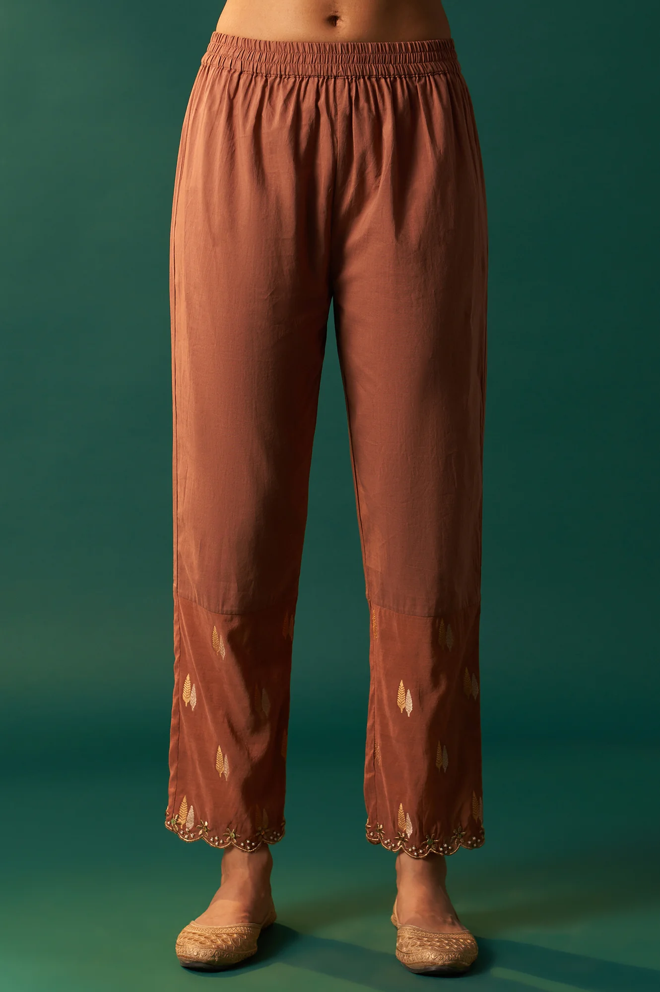 Copper Brown Metallic Embroidered Flared Chanderi Kurta with Straight Pant and Dupatta Set - Image 6