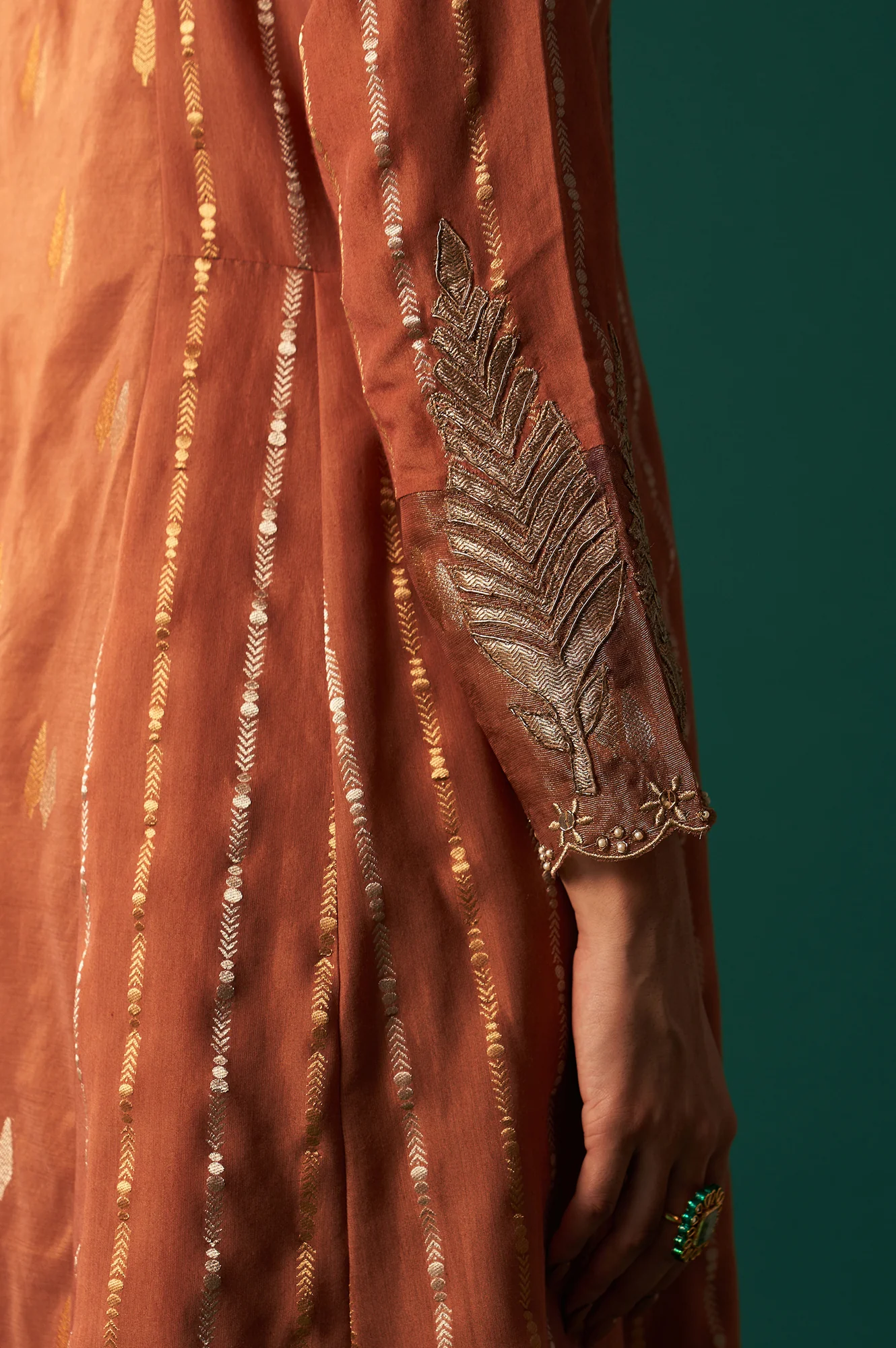Copper Brown Metallic Embroidered Flared Chanderi Kurta with Straight Pant and Dupatta Set - Image 7