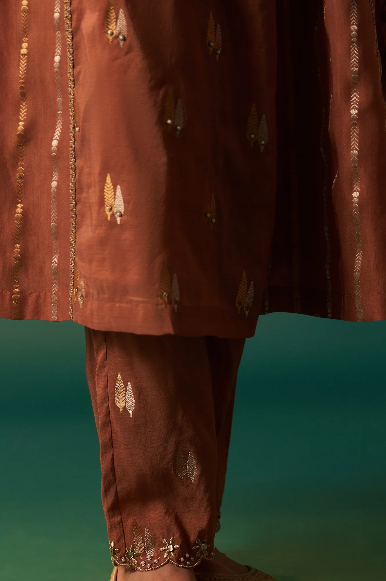 Copper Brown Metallic Embroidered Flared Chanderi Kurta with Straight Pant and Dupatta Set - Image 8