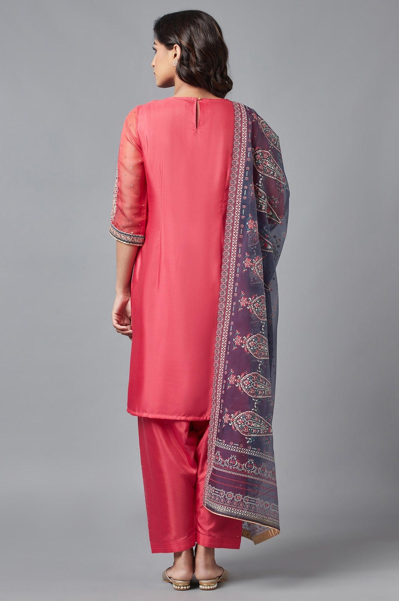 Coral Red A-line kurta, Salwar and Dupatta Set - Image 2