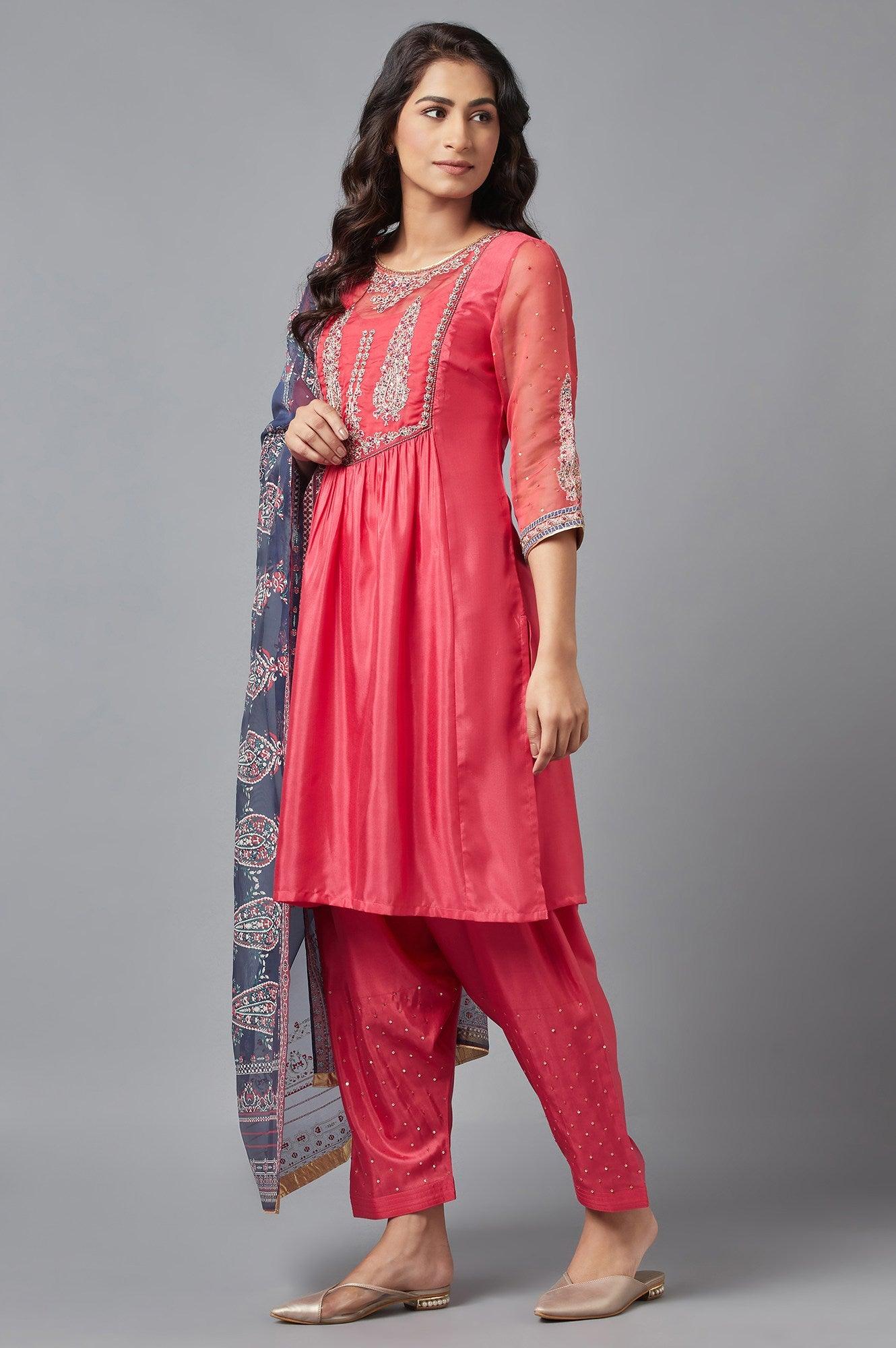 Coral Red A-line kurta, Salwar and Dupatta Set - Image 3