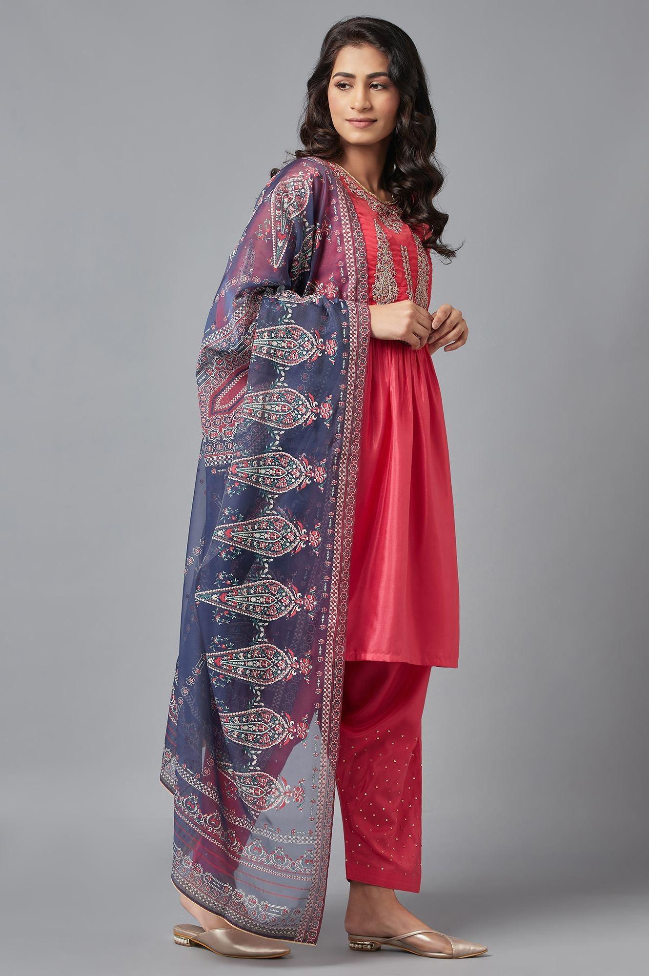 Coral Red A-line kurta, Salwar and Dupatta Set - Image 4