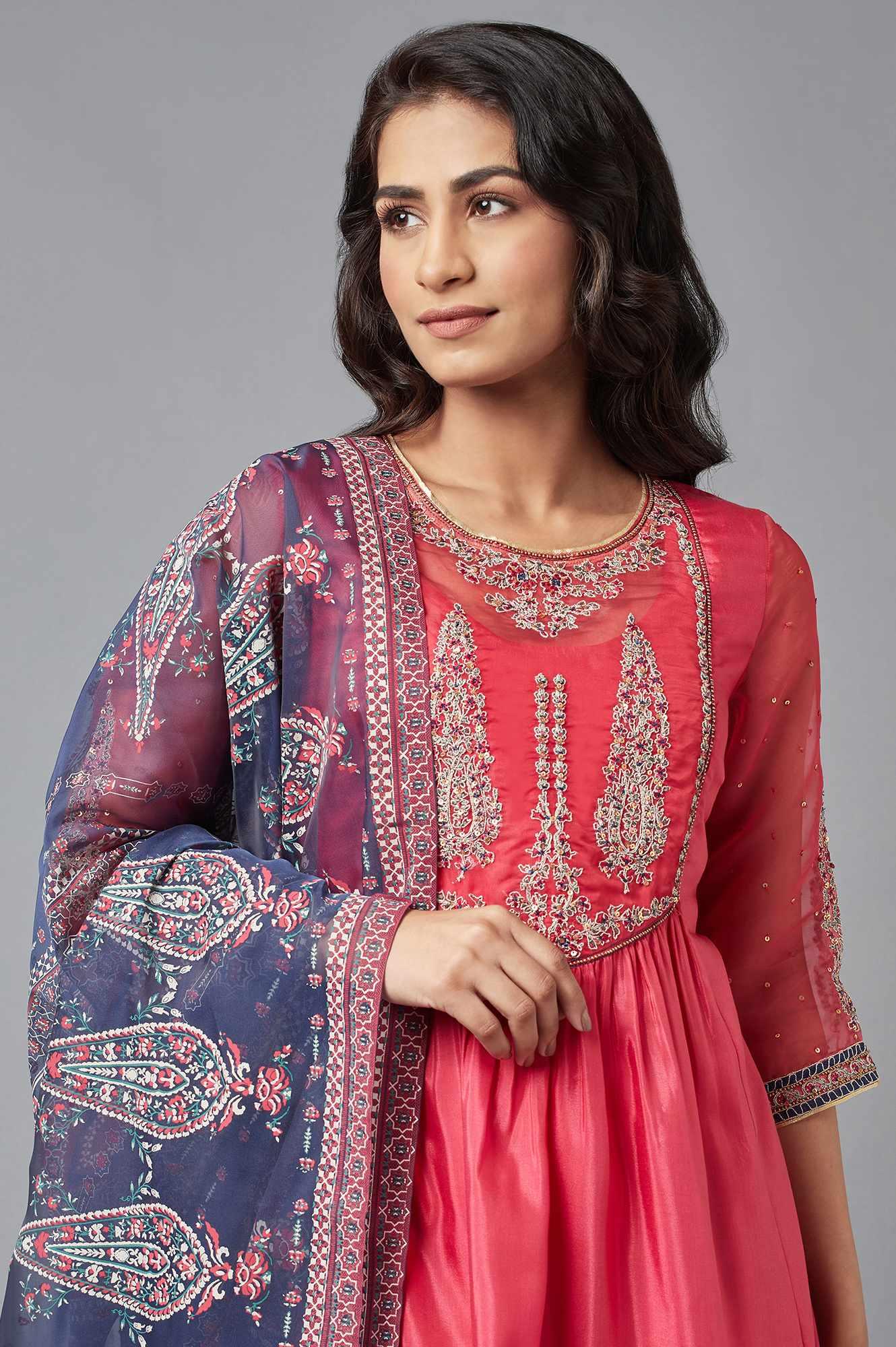 Coral Red A-line kurta, Salwar and Dupatta Set - Image 5