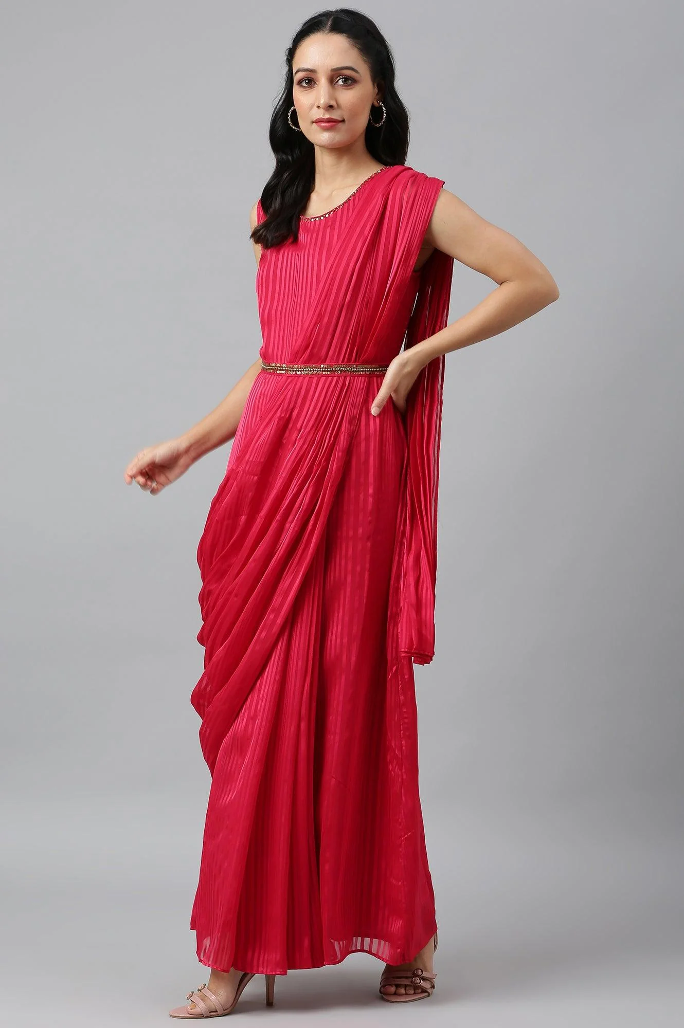 Coral Red Sleeveless Predrape Saree Dress with Belt and Tailored Jacket Set - Image 2