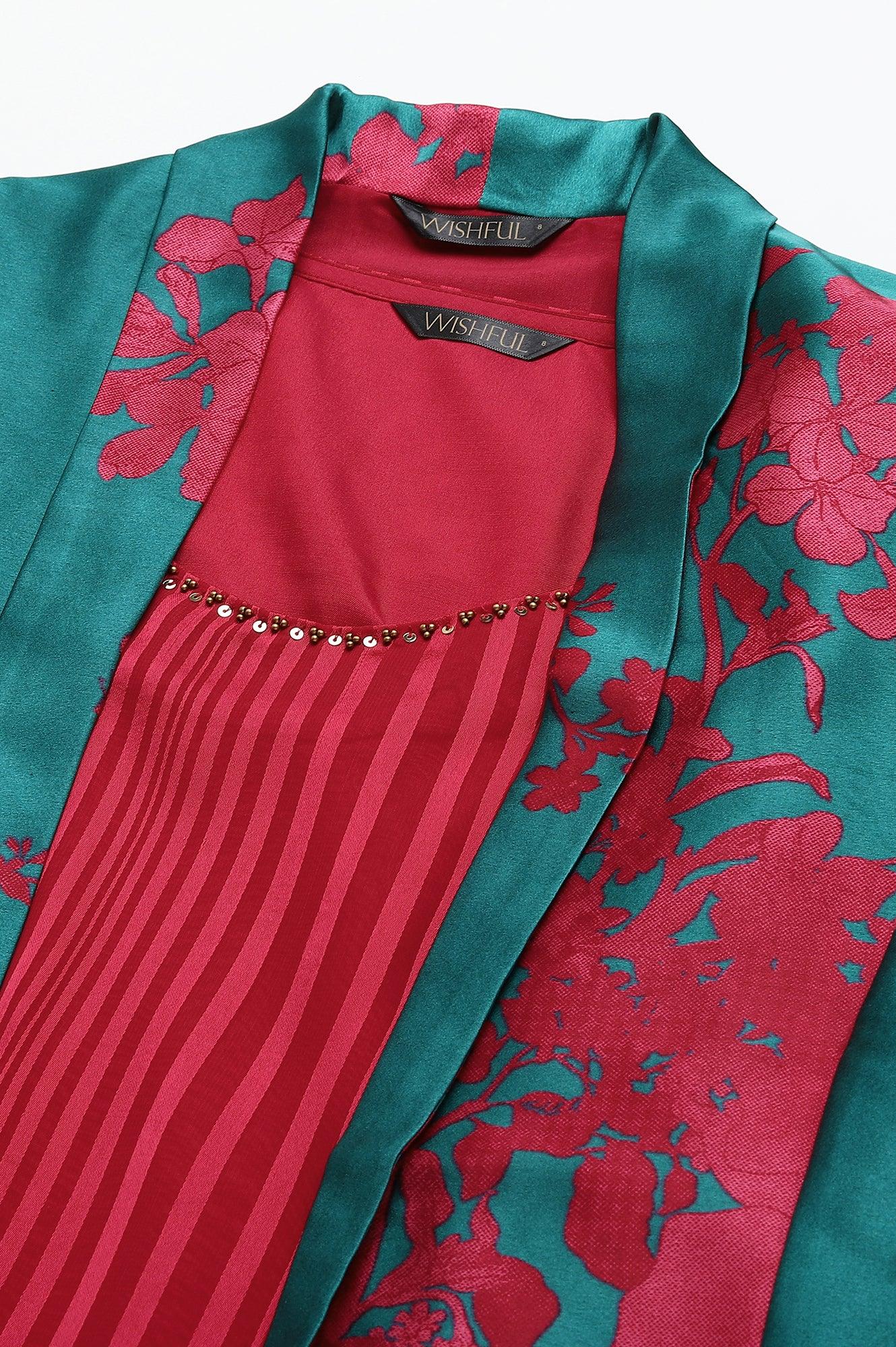 Coral Red Sleeveless Predrape Saree Dress with Belt and Tailored Jacket Set - Image 3