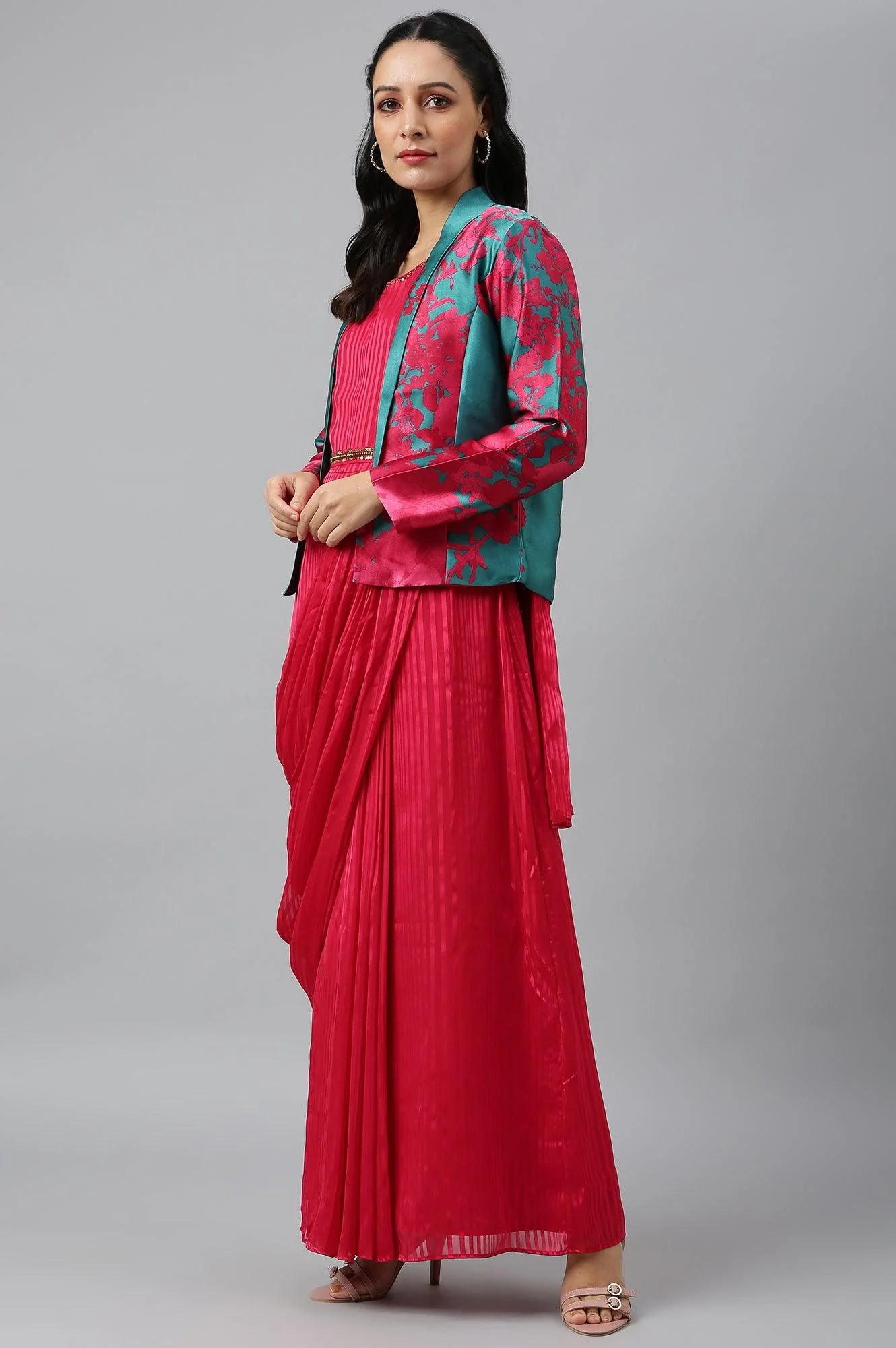 Coral Red Sleeveless Predrape Saree Dress with Belt and Tailored Jacket Set - Image 4