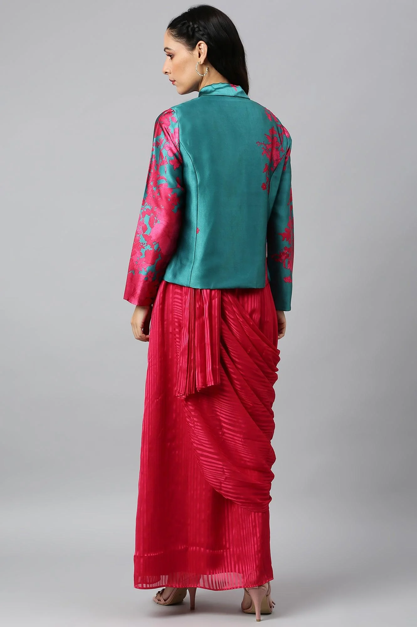 Coral Red Sleeveless Predrape Saree Dress with Belt and Tailored Jacket Set - Image 5
