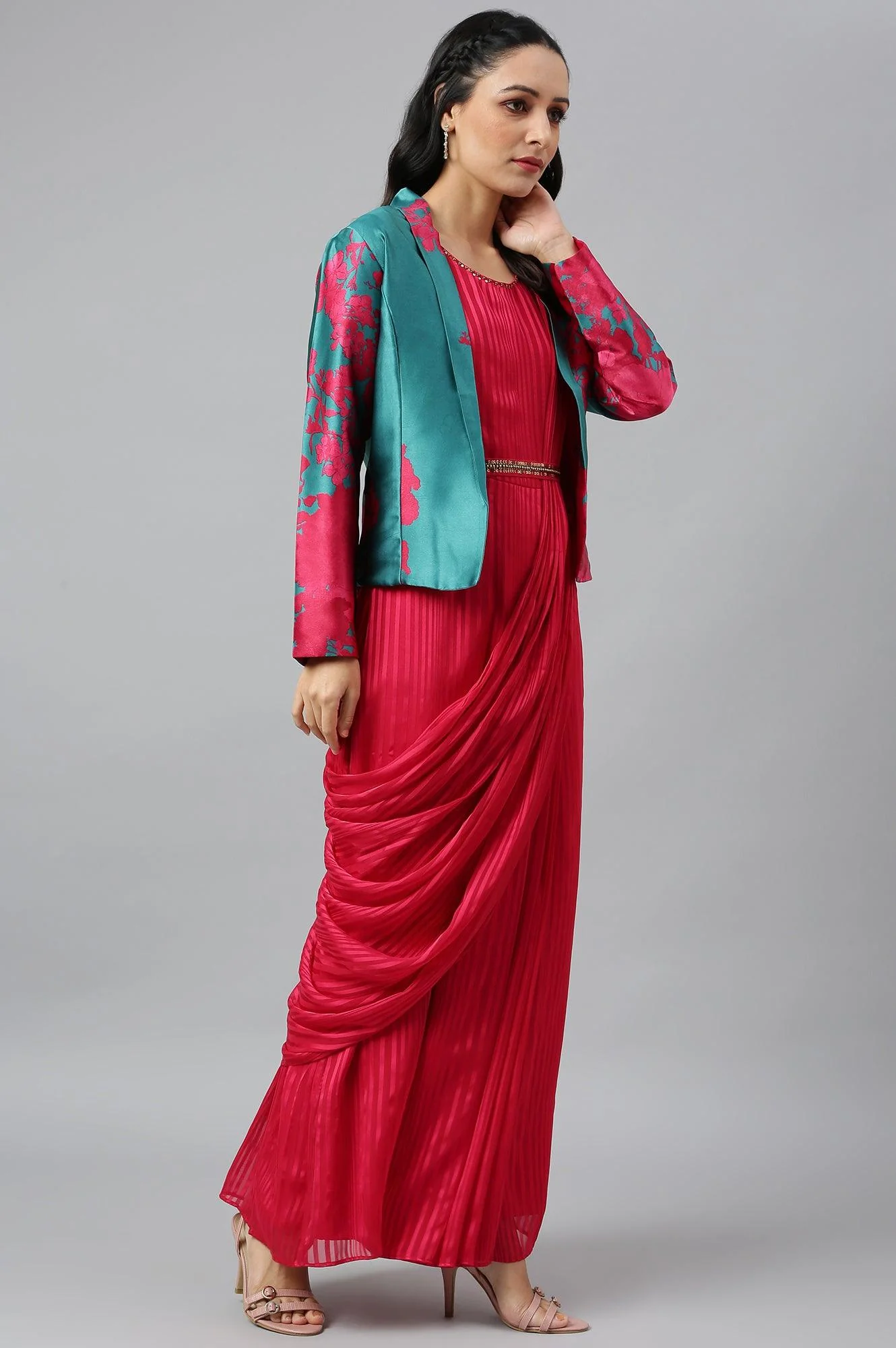 Coral Red Sleeveless Predrape Saree Dress with Belt and Tailored Jacket Set - Image 7