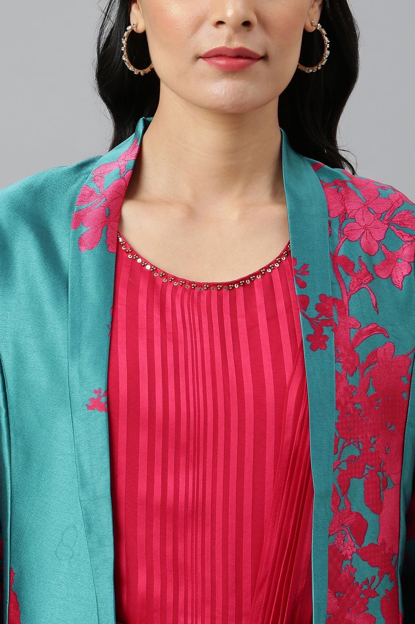 Coral Red Sleeveless Predrape Saree Dress with Belt and Tailored Jacket Set - Image 9