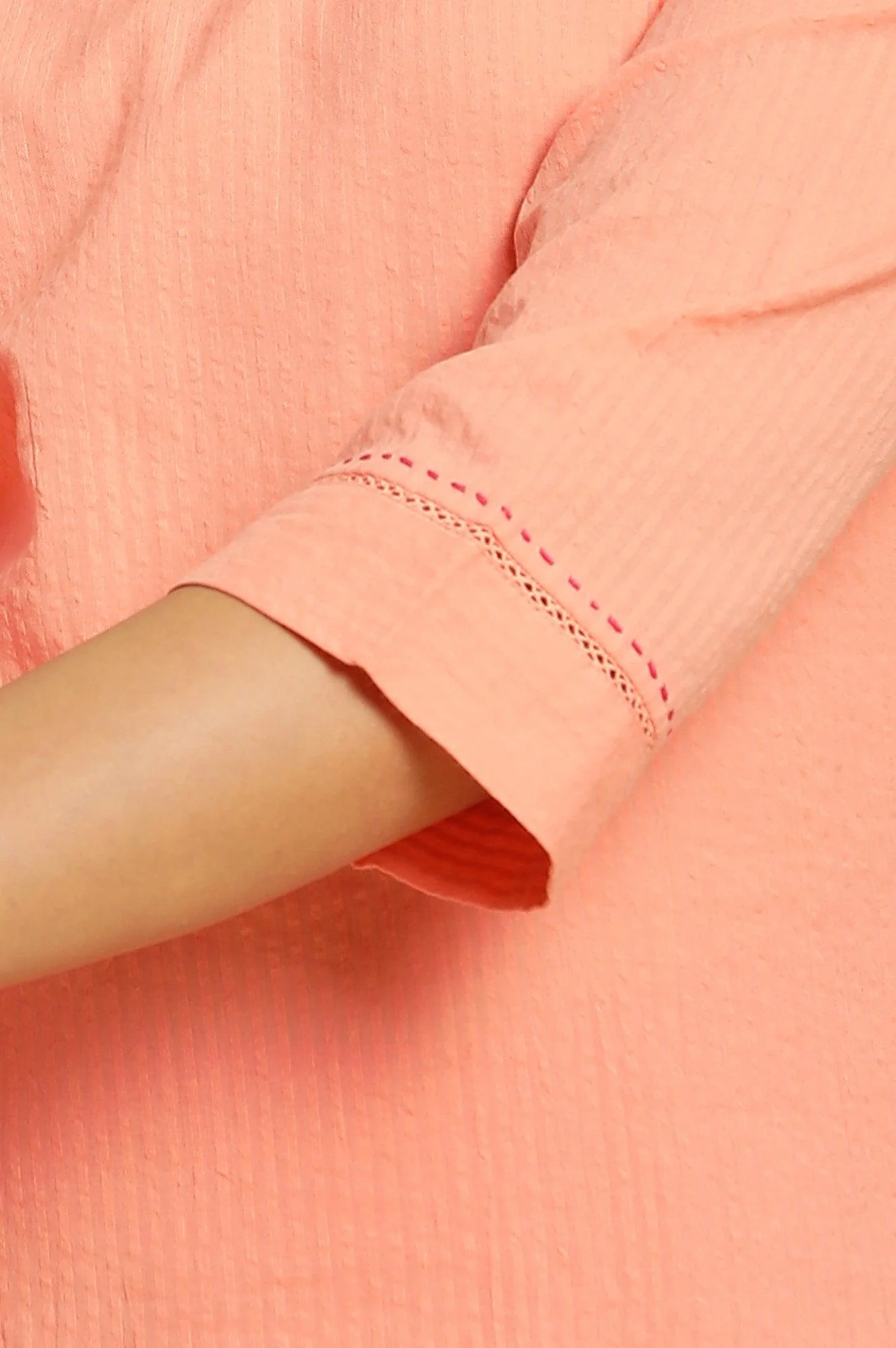 Coral Thread Embroidered Textured Cotton Kurta - Image 7