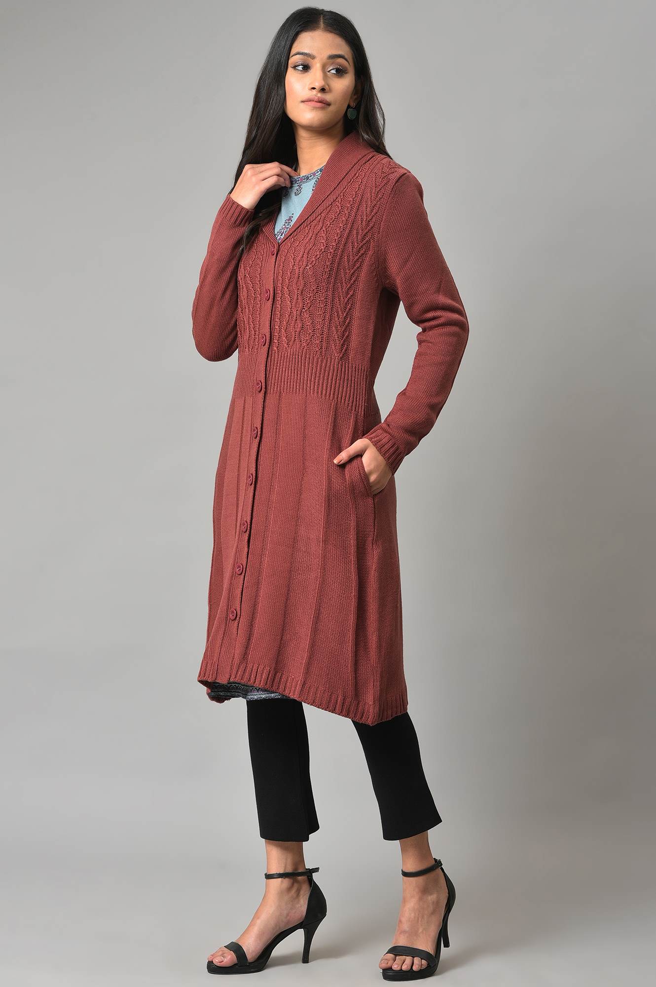 Coral Shawl Collar Knitted Cardigan - Image 3
