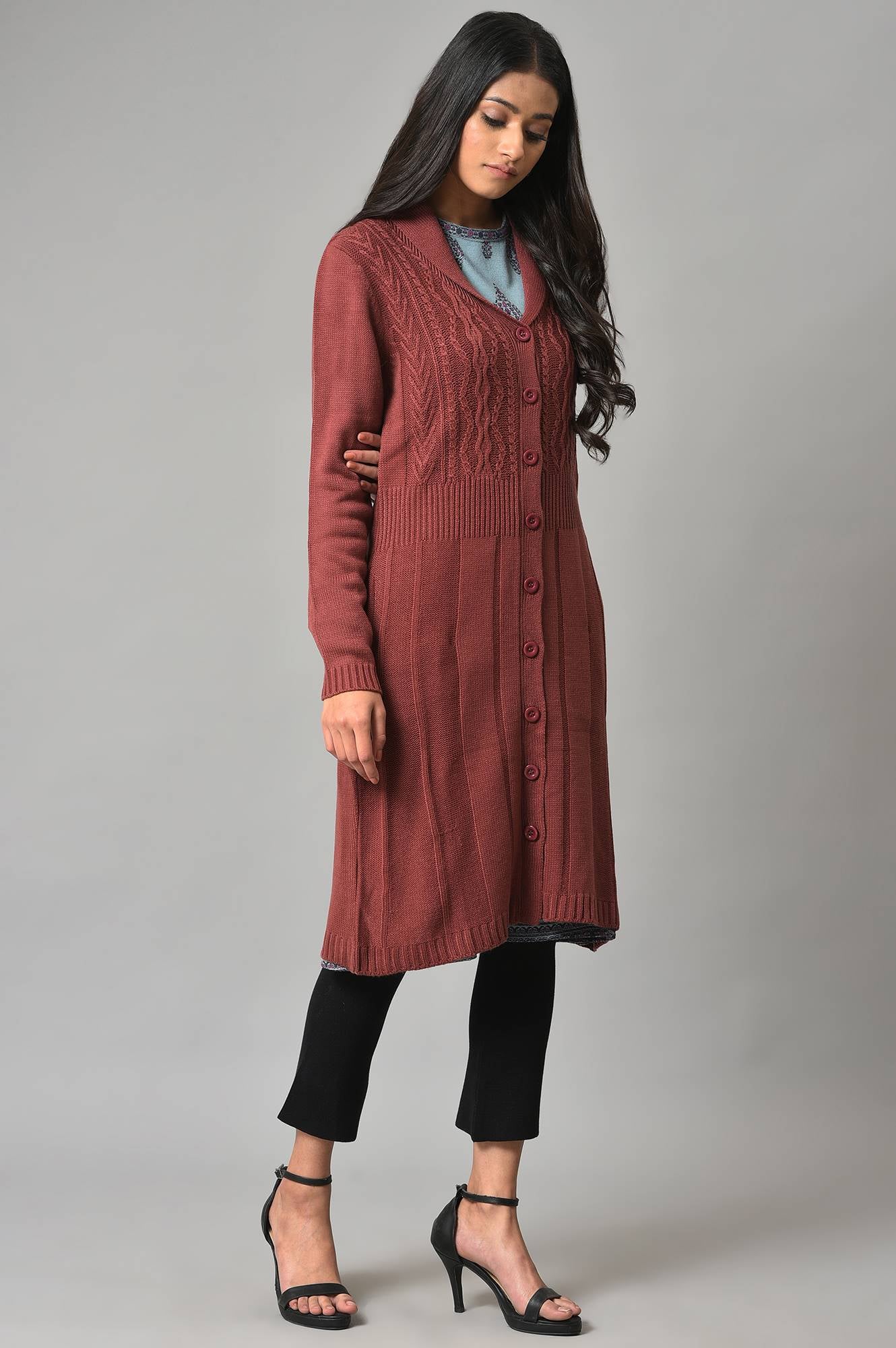 Coral Shawl Collar Knitted Cardigan - Image 4