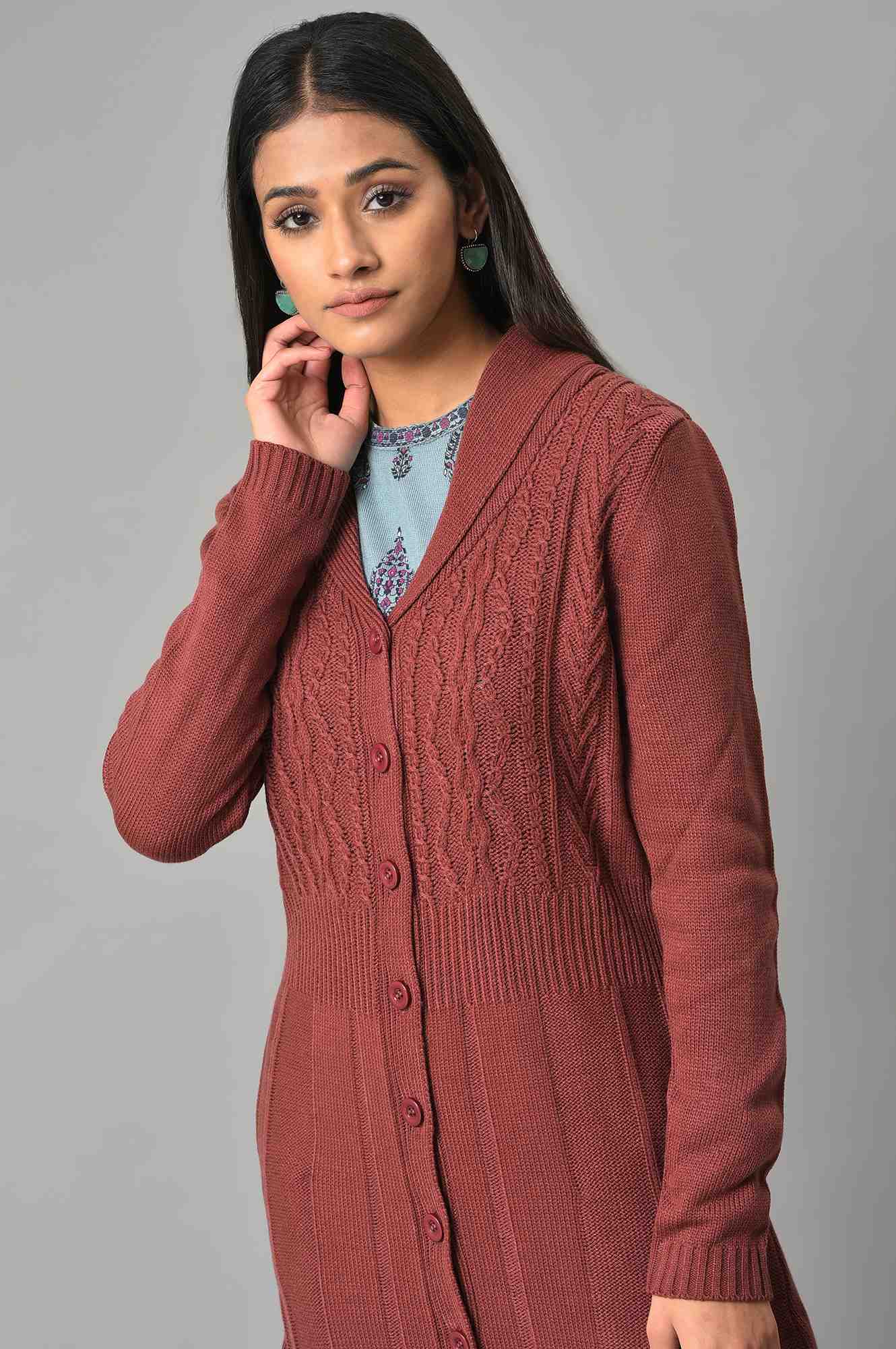 Coral Shawl Collar Knitted Cardigan - Image 5