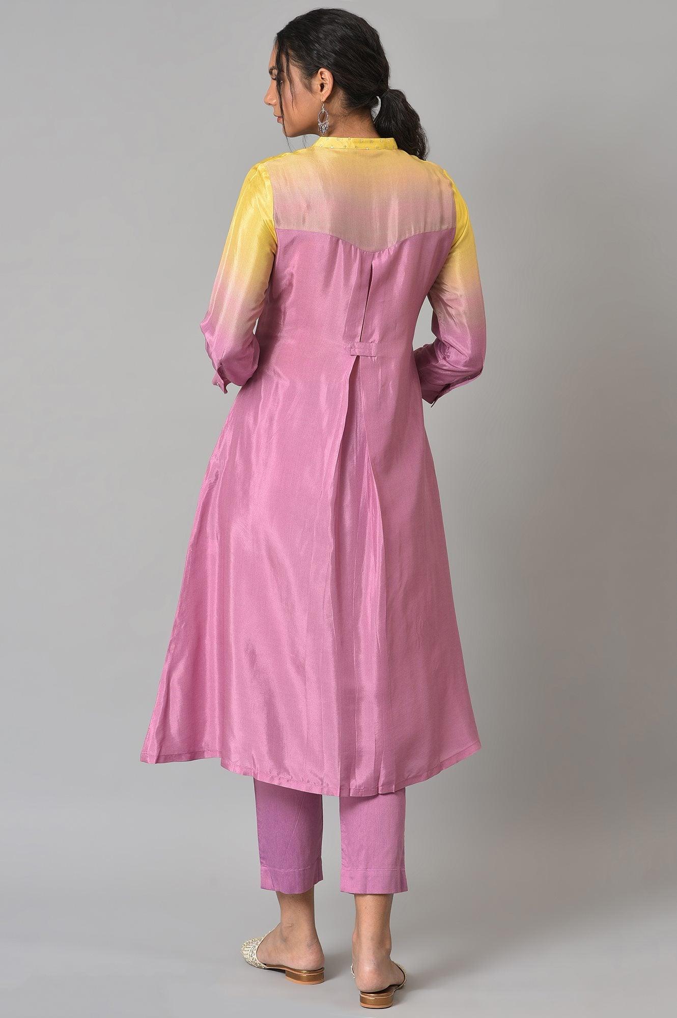 Corn Yellow And Plum Ombre A-Line kurta With Pants - Image 2