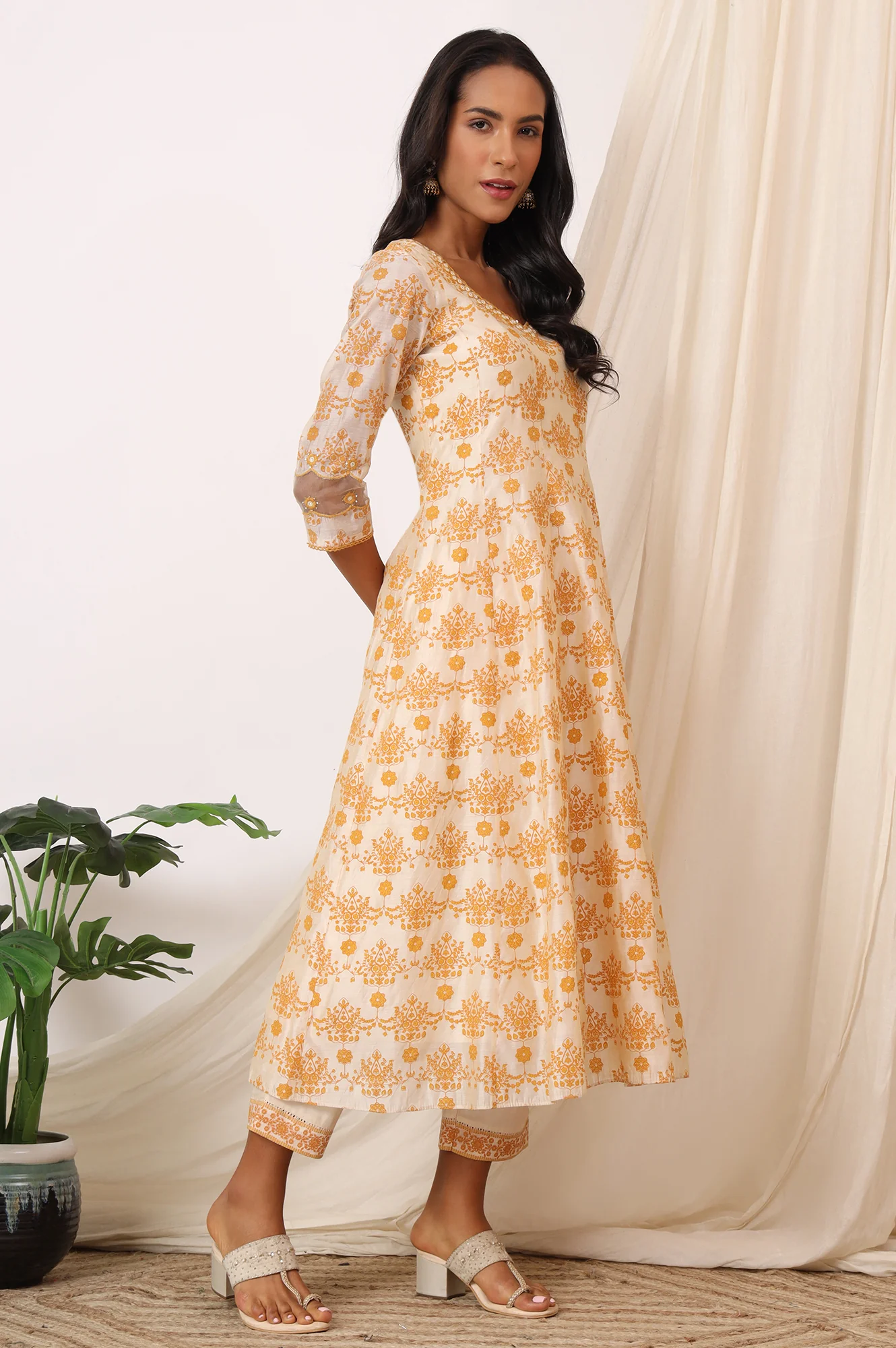 Cream and Yellow Printed Chanderi Anarkali Kurta, Pants and Dupatta Set - Image 6