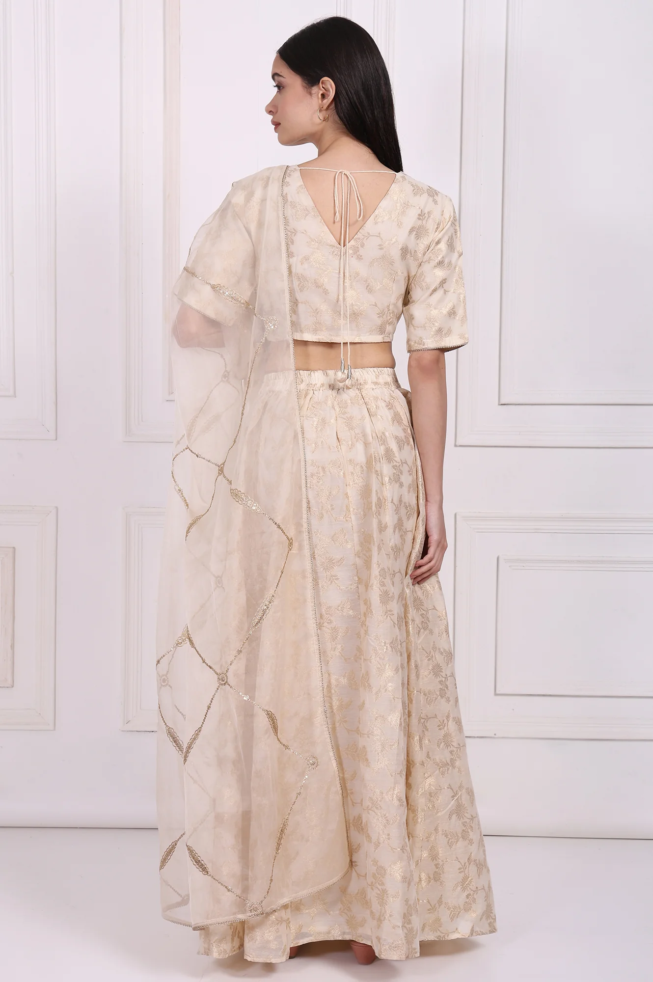 Cream Embellished Maxi Jacquard Blouse with Skirt and Dupatta Set - Image 6