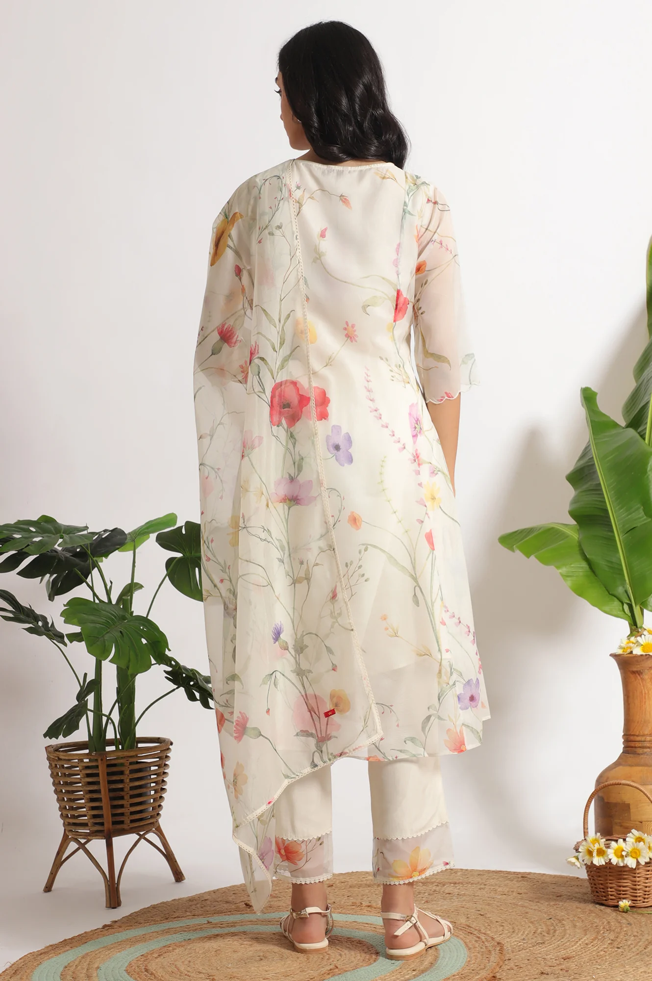 Cream Floral Printed Flared Organza Kurta, Pants and Dupatta Set - Image 5