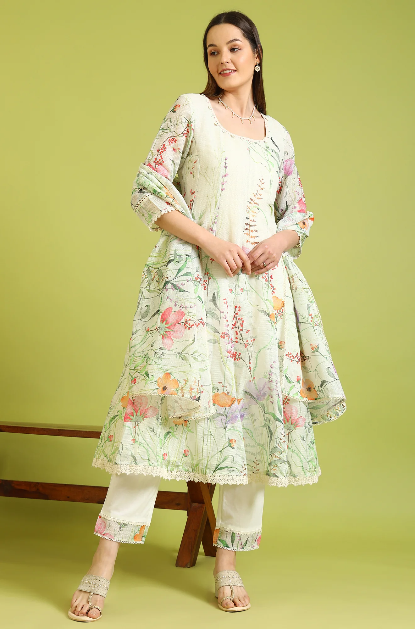 Cream Floral Printed Kota Anarkali Kurta, Pants and Dupatta Set - Image 2