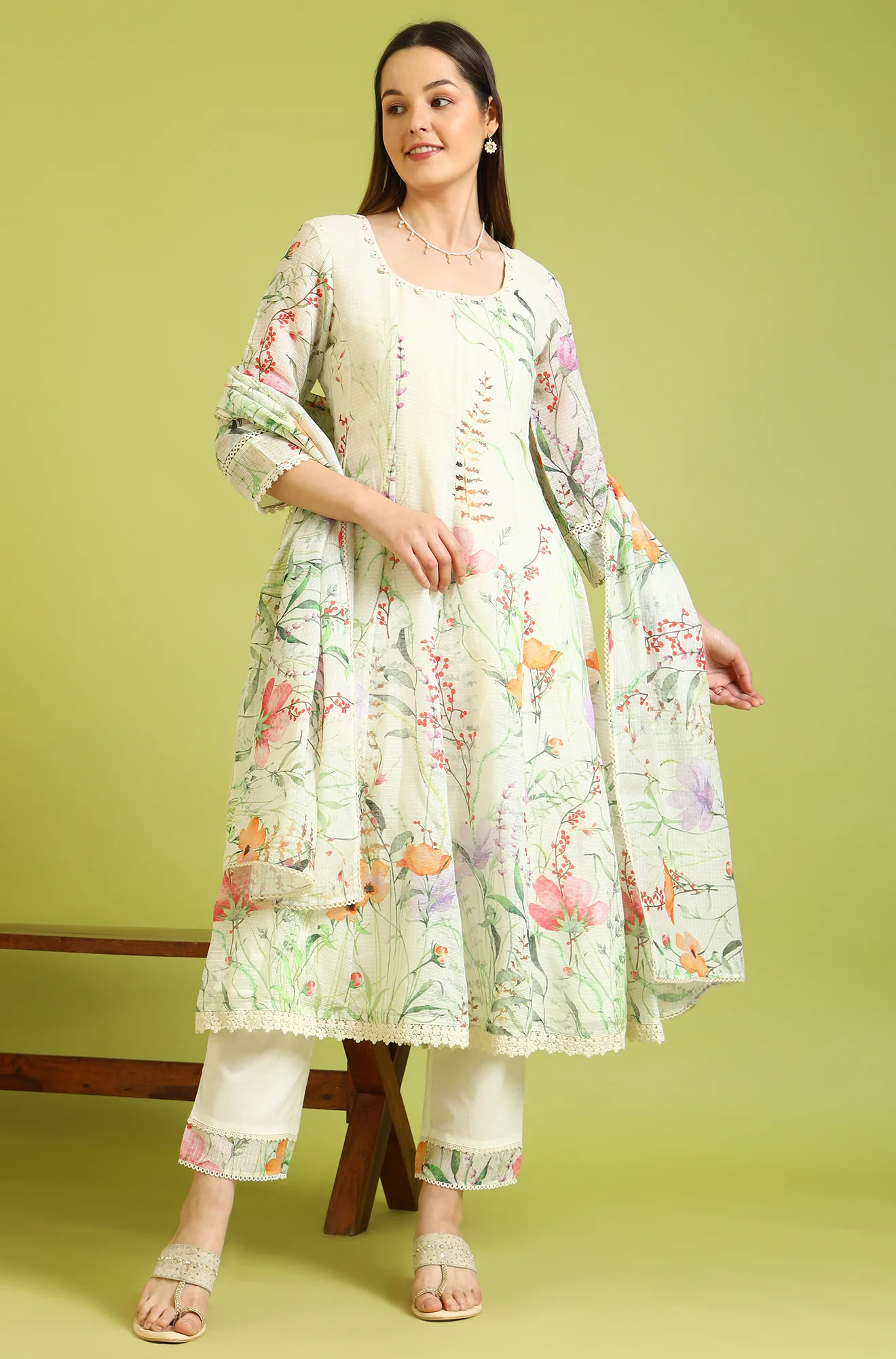 Cream Floral Printed Kota Anarkali Kurta, Pants and Dupatta Set - Image 3