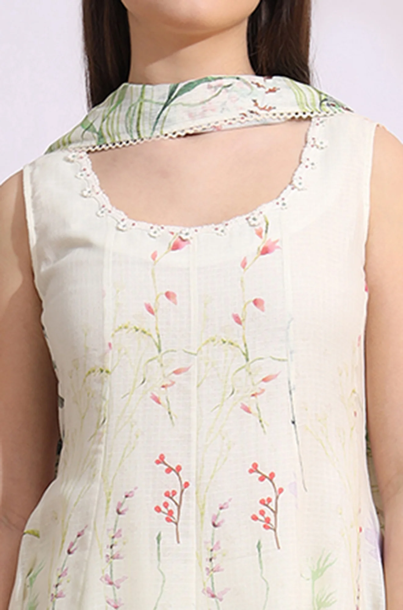 Cream Floral Printed Kota Sleeveless Anarkali Kurta, Pants and Dupatta Set - Image 4