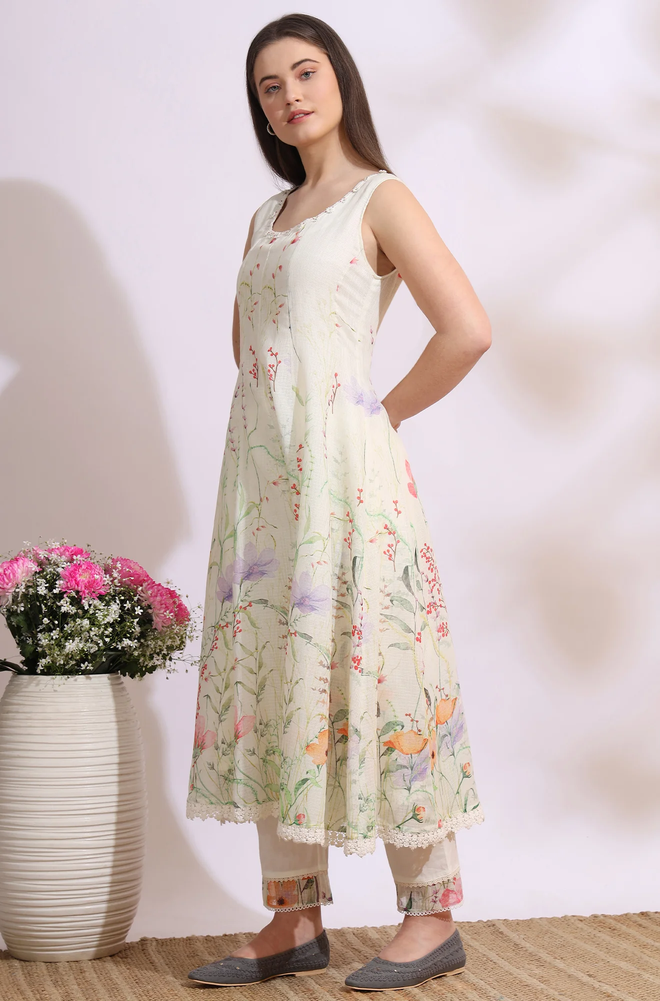 Cream Floral Printed Kota Sleeveless Anarkali Kurta, Pants and Dupatta Set - Image 5