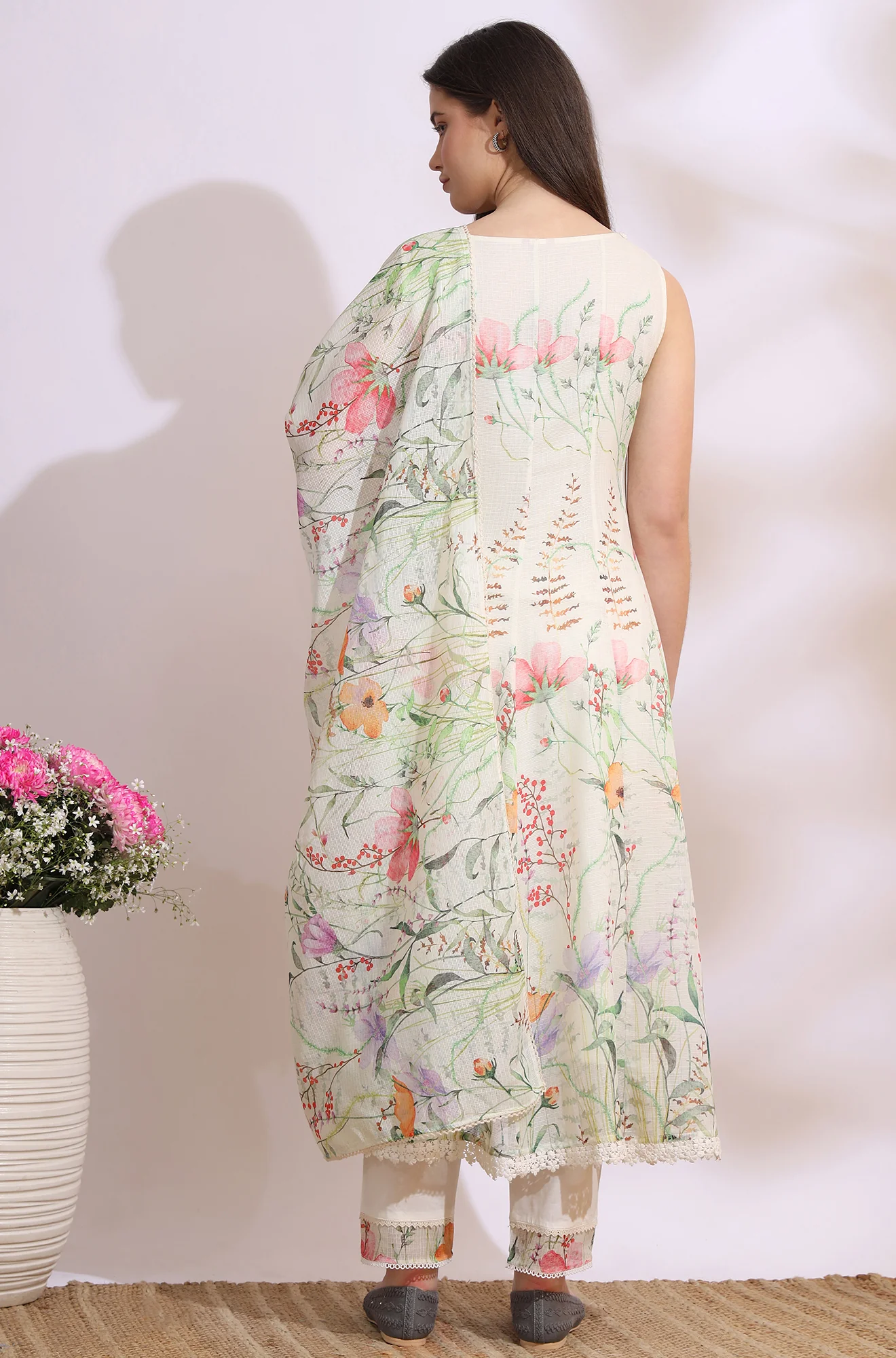 Cream Floral Printed Kota Sleeveless Anarkali Kurta, Pants and Dupatta Set - Image 6