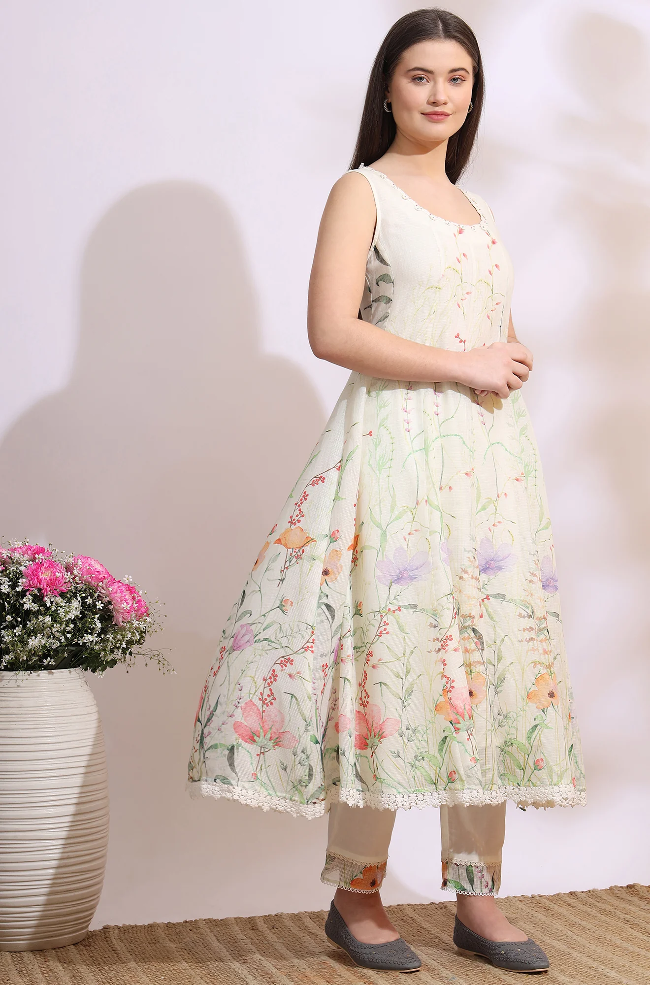 Cream Floral Printed Kota Sleeveless Anarkali Kurta, Pants and Dupatta Set - Image 7