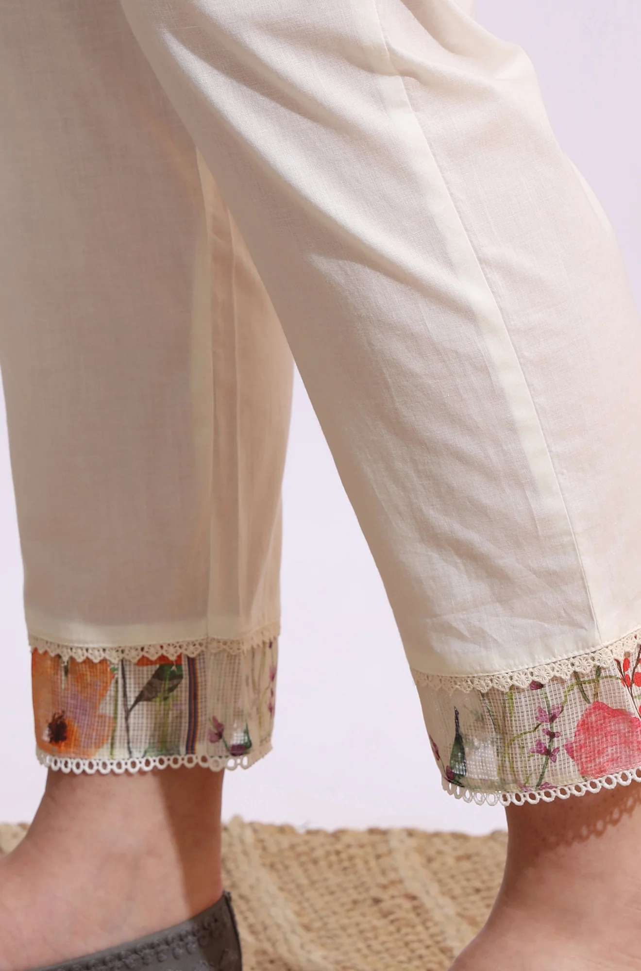 Cream Floral Printed Kota Sleeveless Anarkali Kurta, Pants and Dupatta Set - Image 8