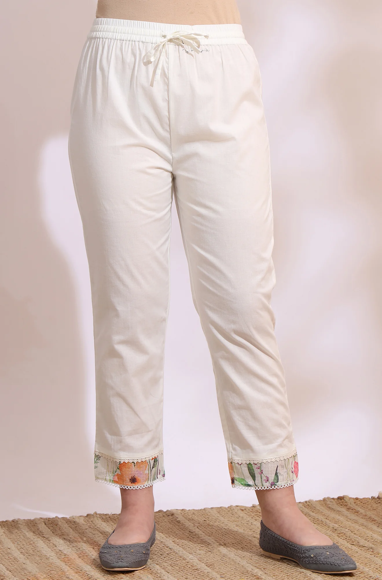 Cream Floral Printed Kota Sleeveless Anarkali Kurta, Pants and Dupatta Set - Image 9