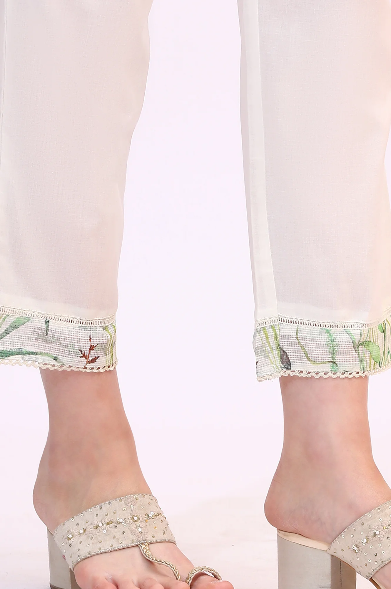 Cream Floral Printed Kota Straight Kurta, Pants and Dupatta Set - Image 11